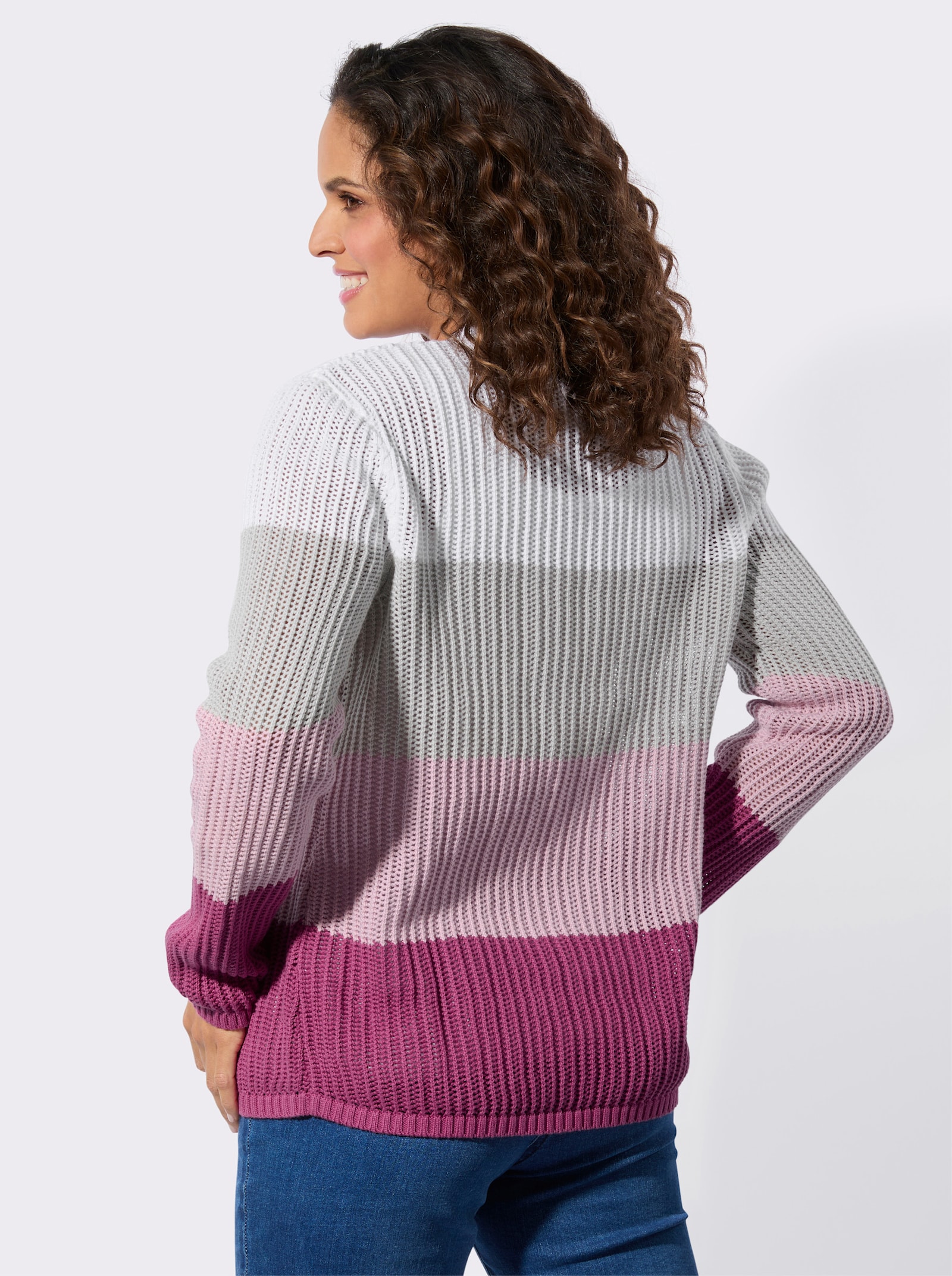 Ajourstrickjacke mit V-Ausschnitt - erika-ecru-geringelt