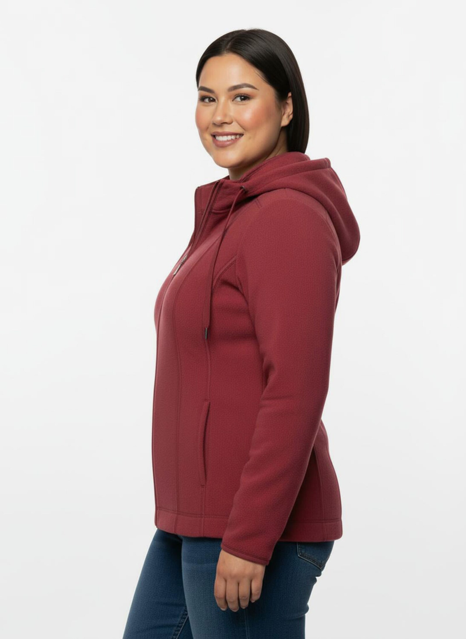 Fleecejacke mit abnehmbarer Kapuze - kirschrot