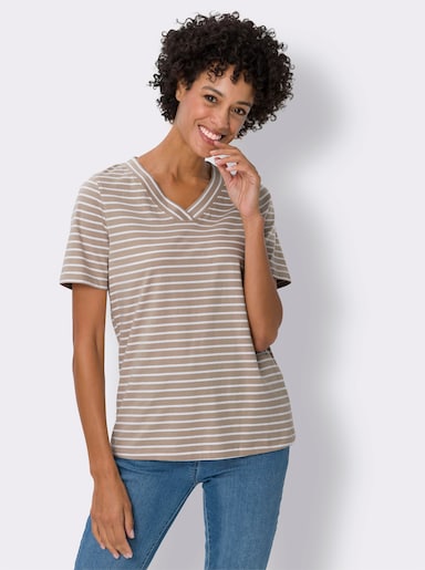 Kurzarm-Shirt - beige-ecru-geringelt