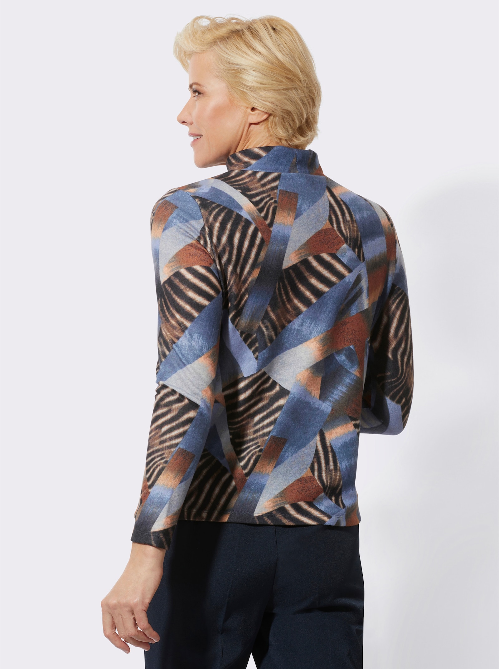 Shirt met opstaande kraag, in grafisch dessin - cognac/bleu bedrukt