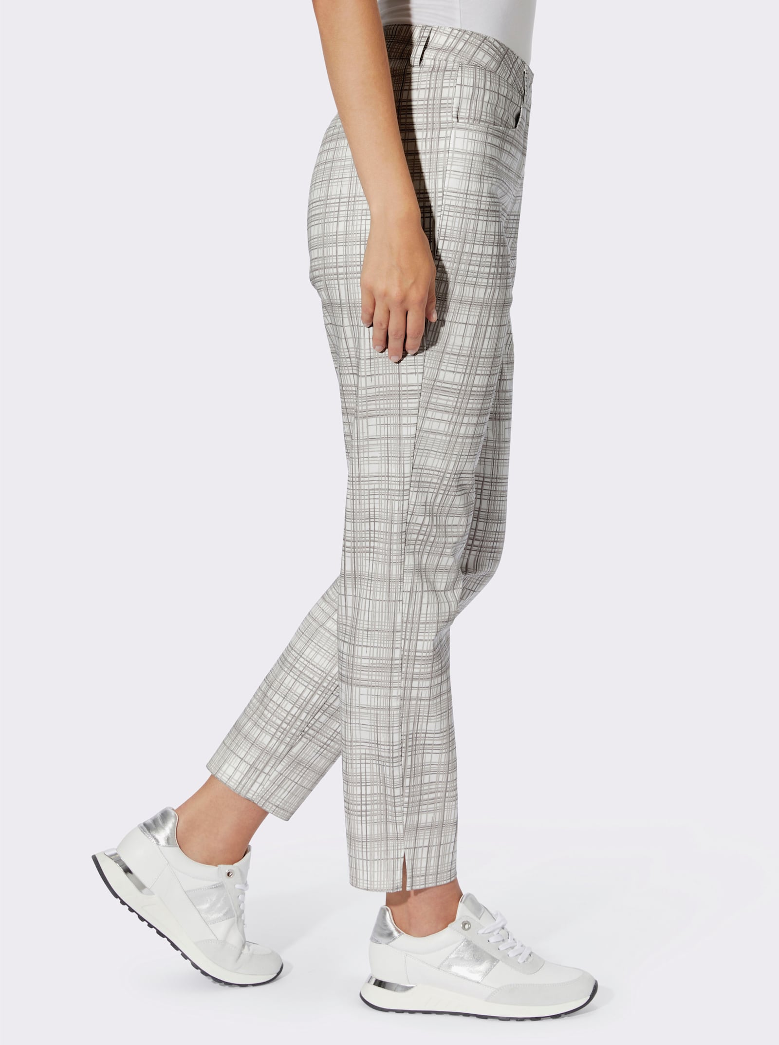 heine Druckhose aus Stretch-Satin - weiß-hellgrau-kariert