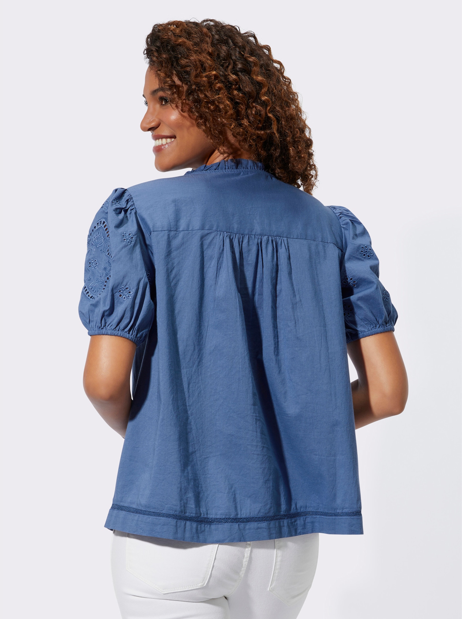 Baumwollbluse mit Puffärmeln - jeansblau