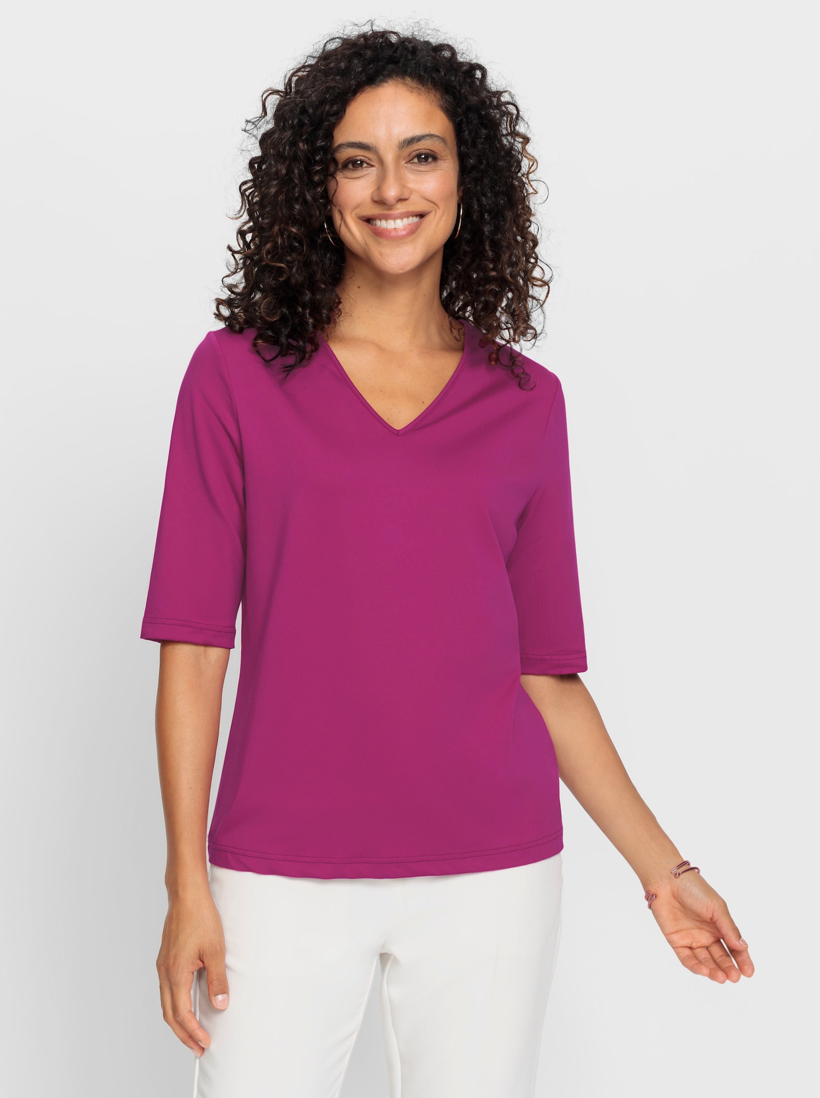 Shirt met V-hals, onderhoudsarm - magenta