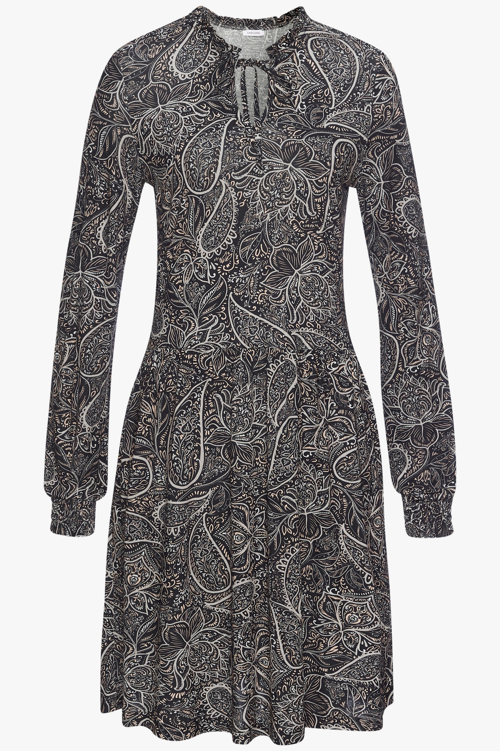 LASCANA Jerseykleid - schwarz-creme-grau bedruckt