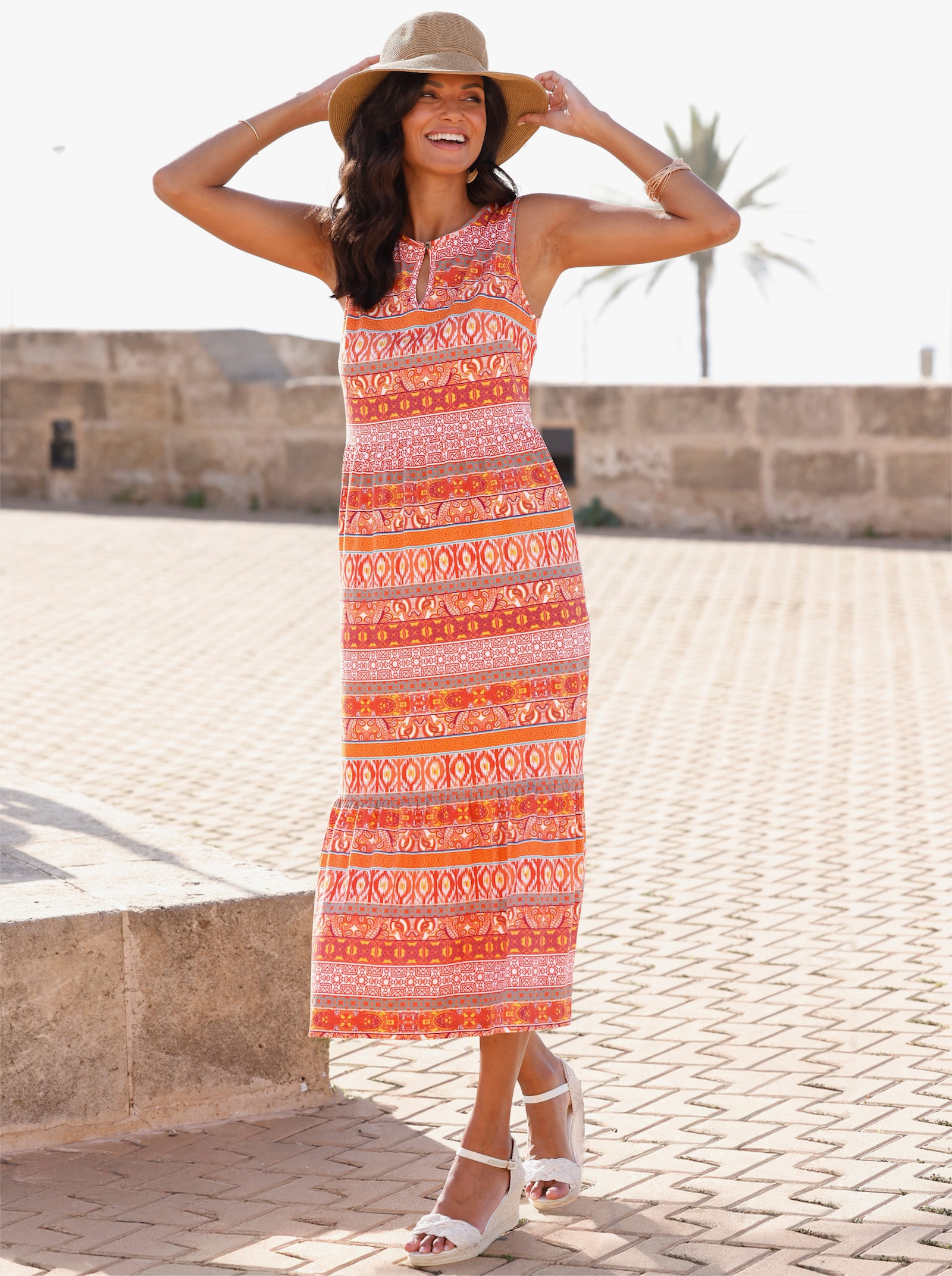 Jerseyjurk van soepel vallend katoen - papaja/terra bedrukt