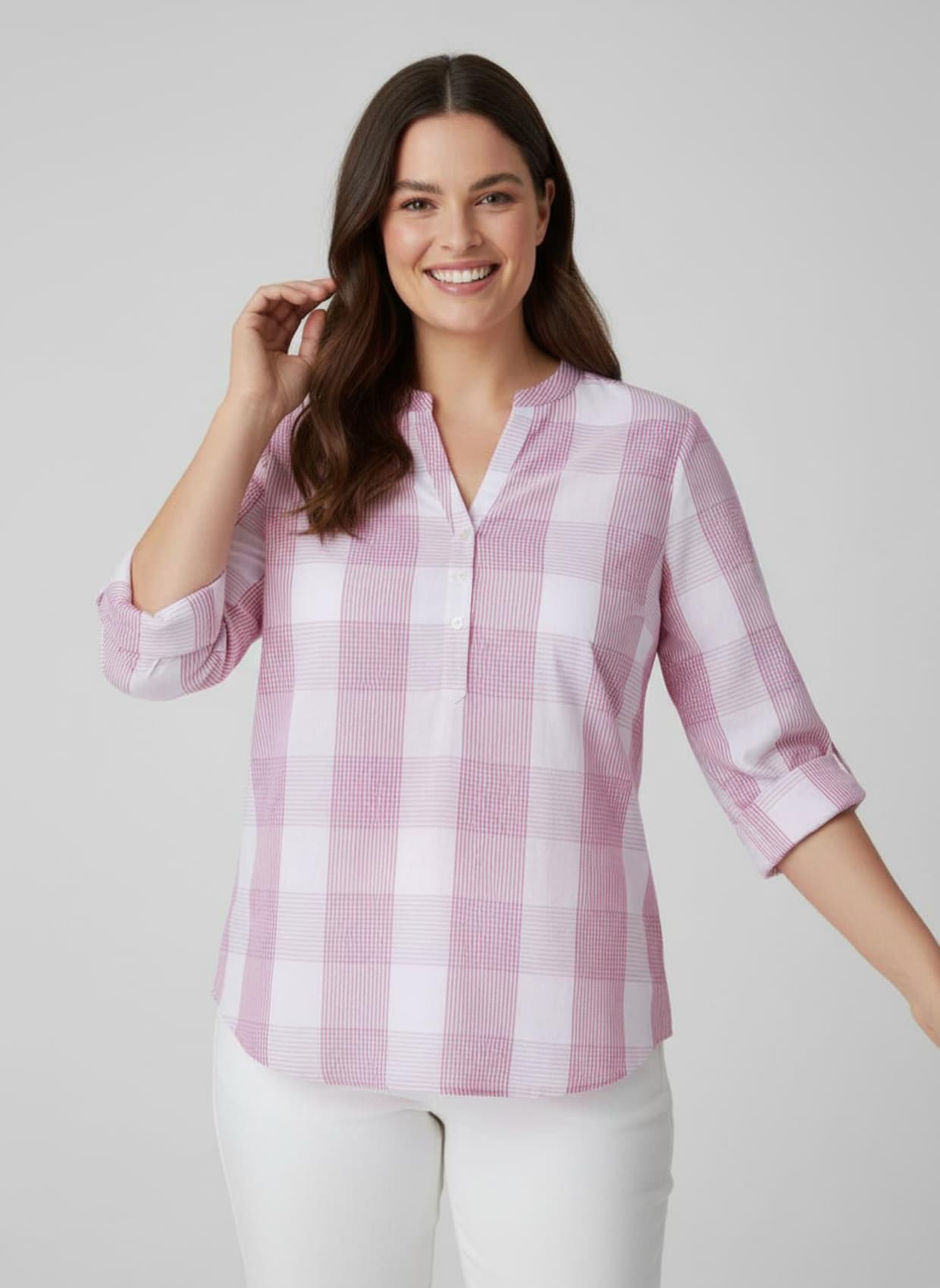 Baumwollbluse mit Stehkragen, kariert - pink-weiß-kariert