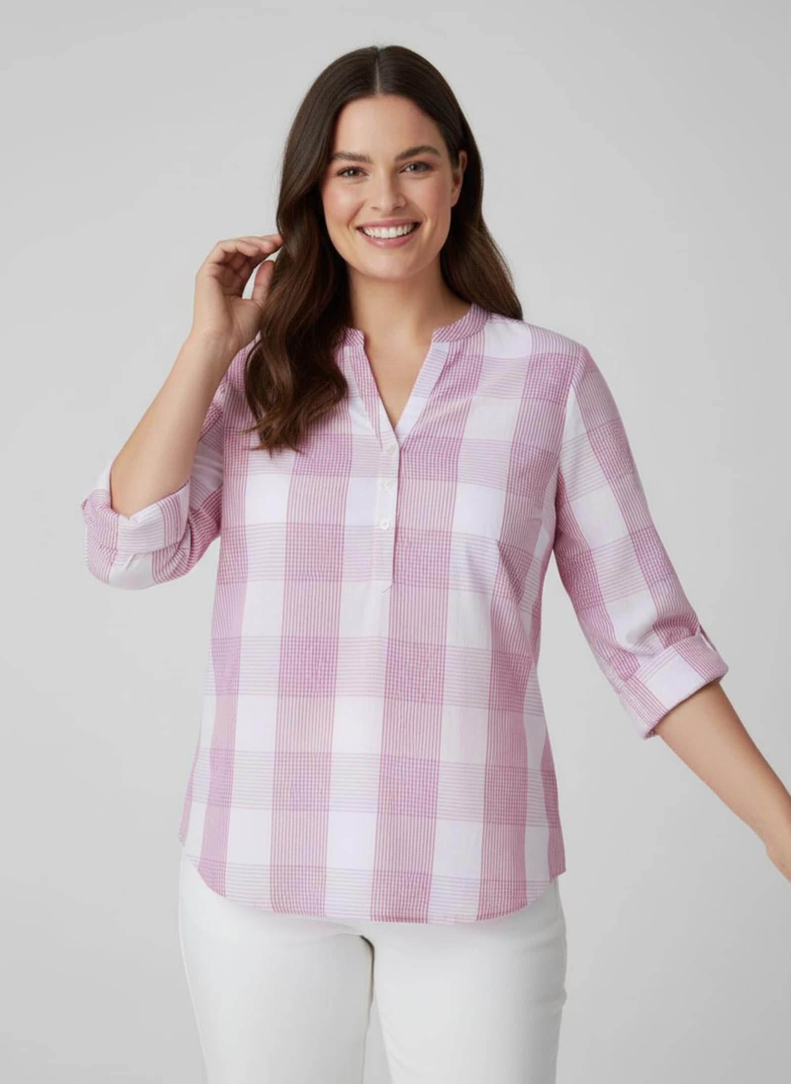 Baumwollbluse mit Stehkragen, kariert - pink-weiß-kariert