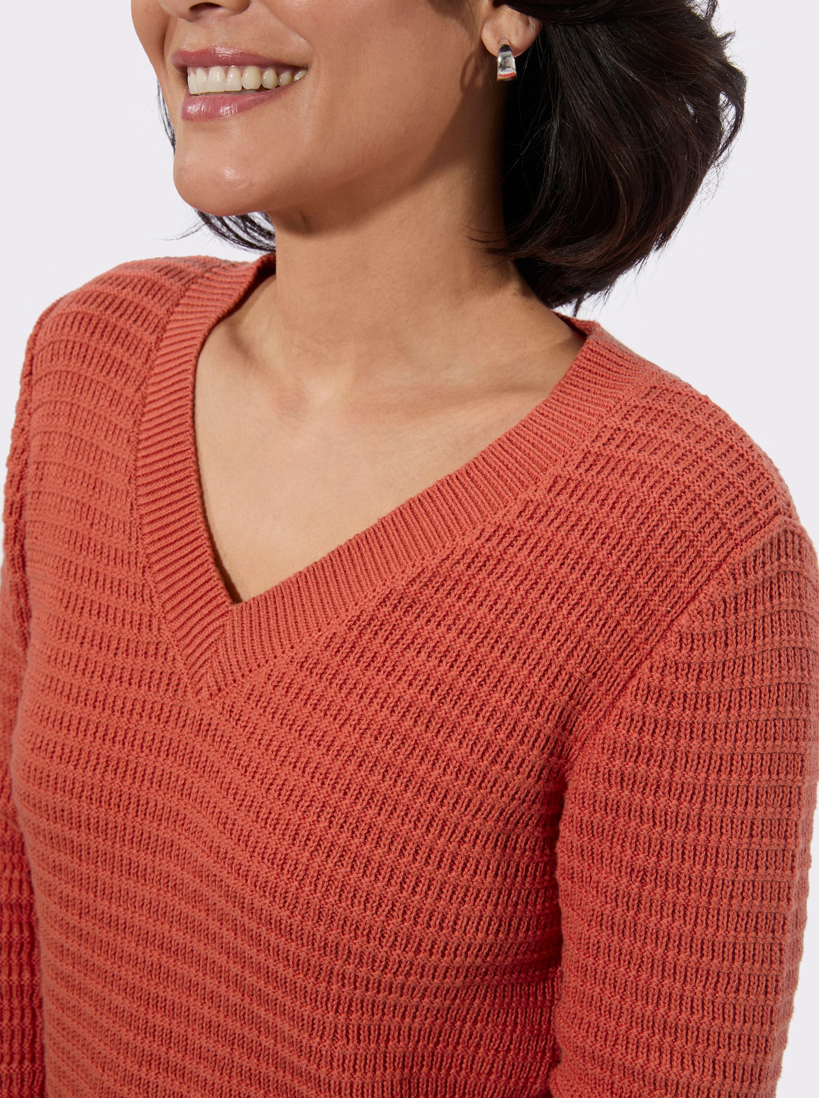 V-Ausschnitt-Pullover mit geripptem Saum - terra