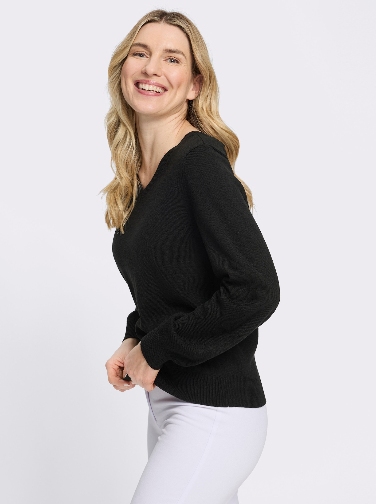 Langarm-Pullover mit Satinschleife im Rückteil - schwarz