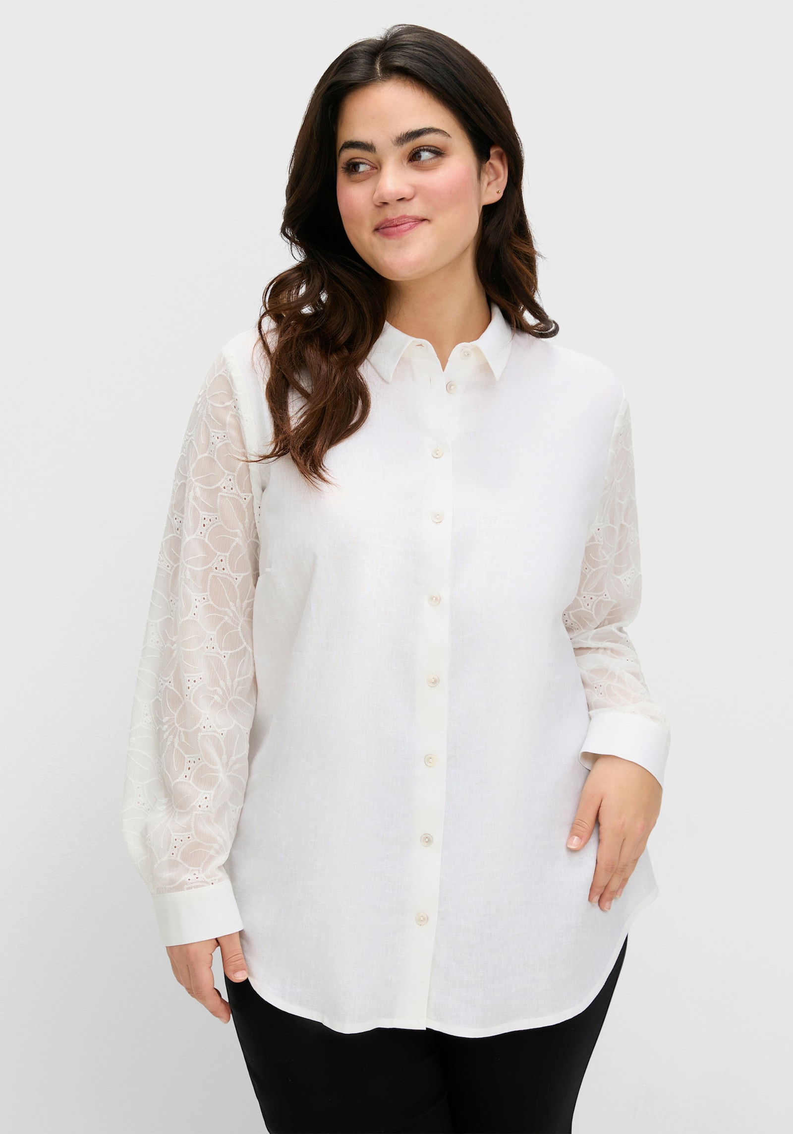 sheego Hemdbluse mit Spitze an den Ärmeln - ecru