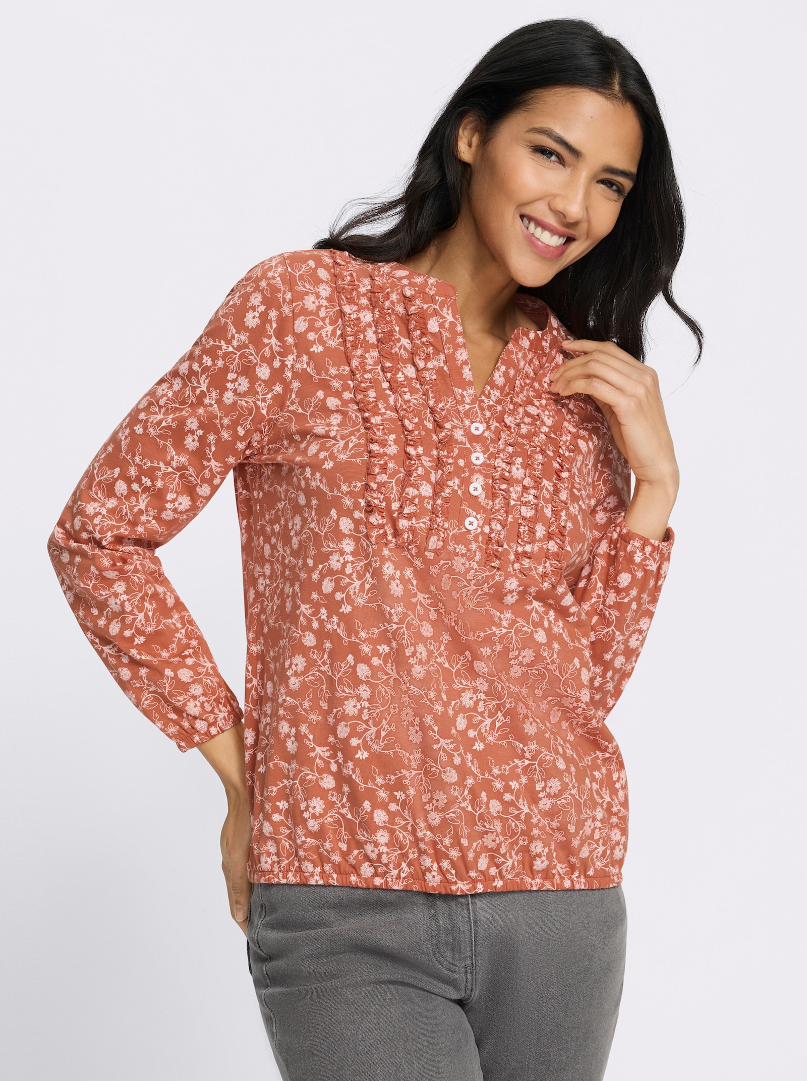 Langarmshirt mit Rüschen am Ausschnitt - papaya-ecru-bedruckt