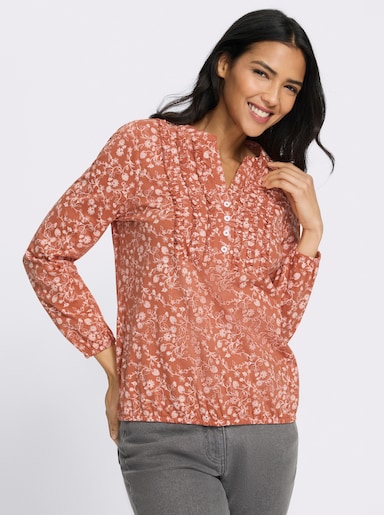 Langarmshirt mit Rüschen am Ausschnitt - papaya-ecru-bedruckt
