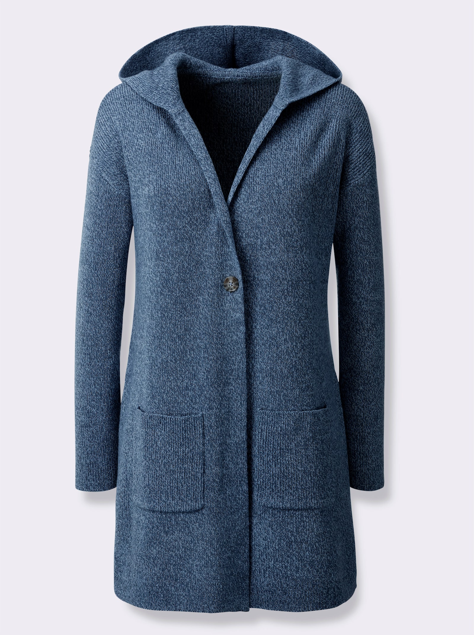 Dlouhý pletený kabátek s kapucí - kouřová modrá-modrá-melír