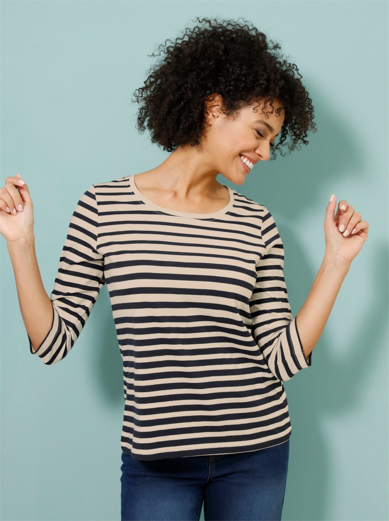 Shirt met 3/4-mouw - zand/marine gestreept