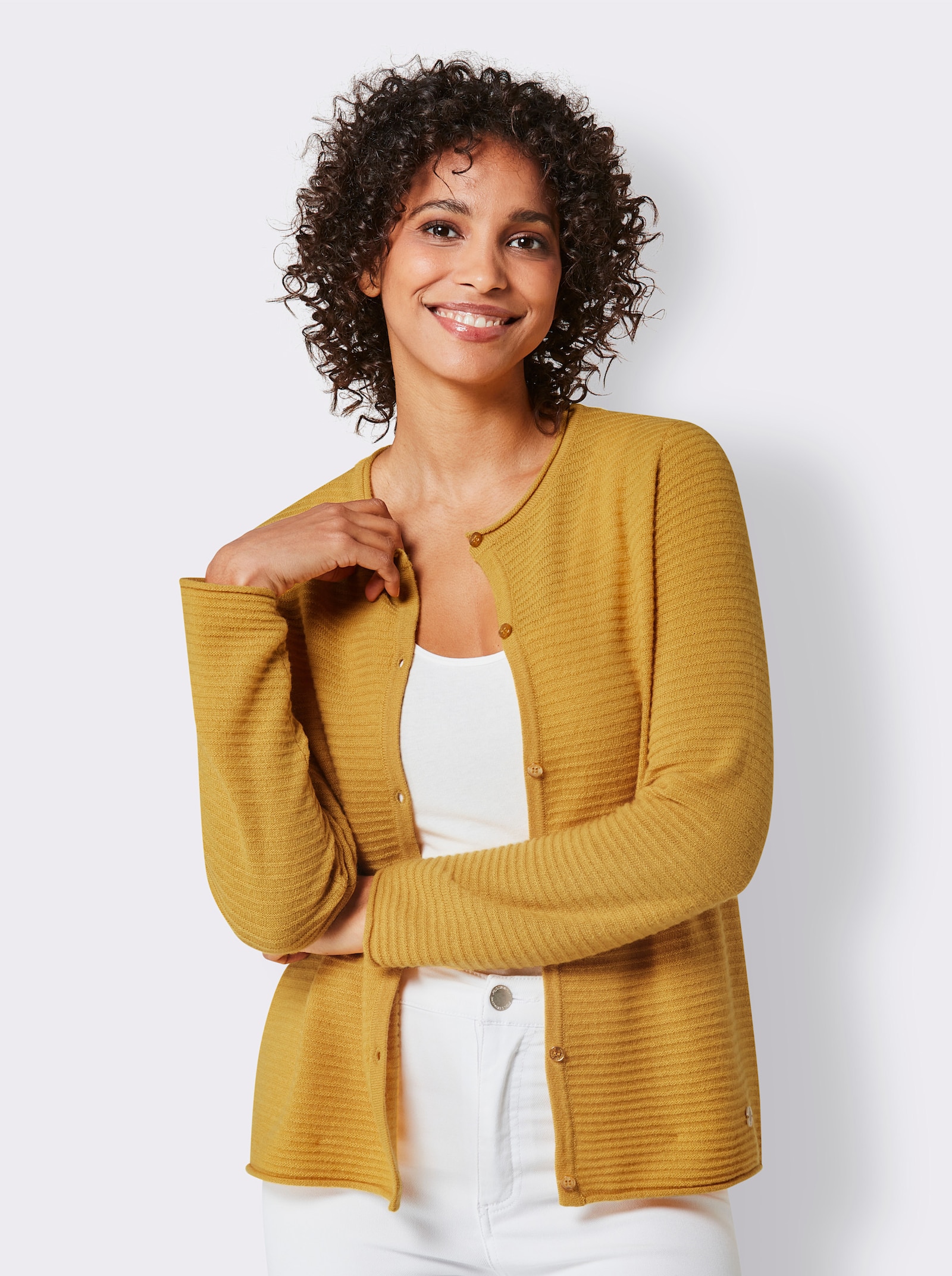 CREATION L PREMIUM Vest van kasjmier met fijne rolranden - oker