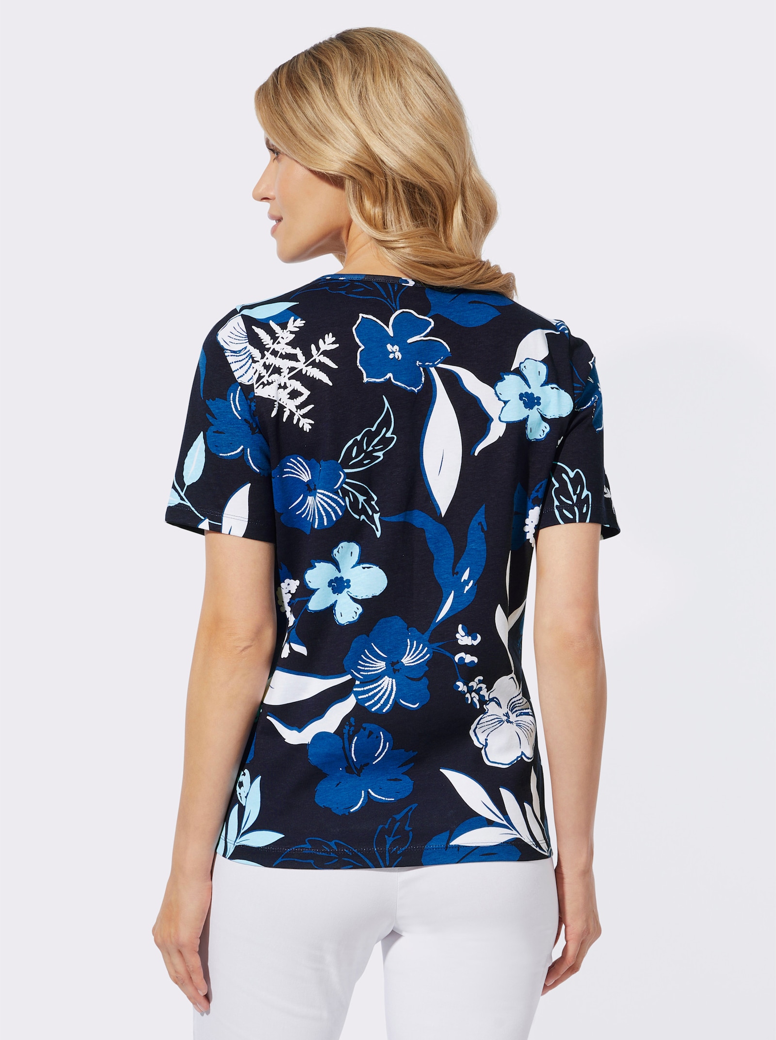 Kurzarmshirt im floralen Dessin - marine-jeansblau-bedruckt