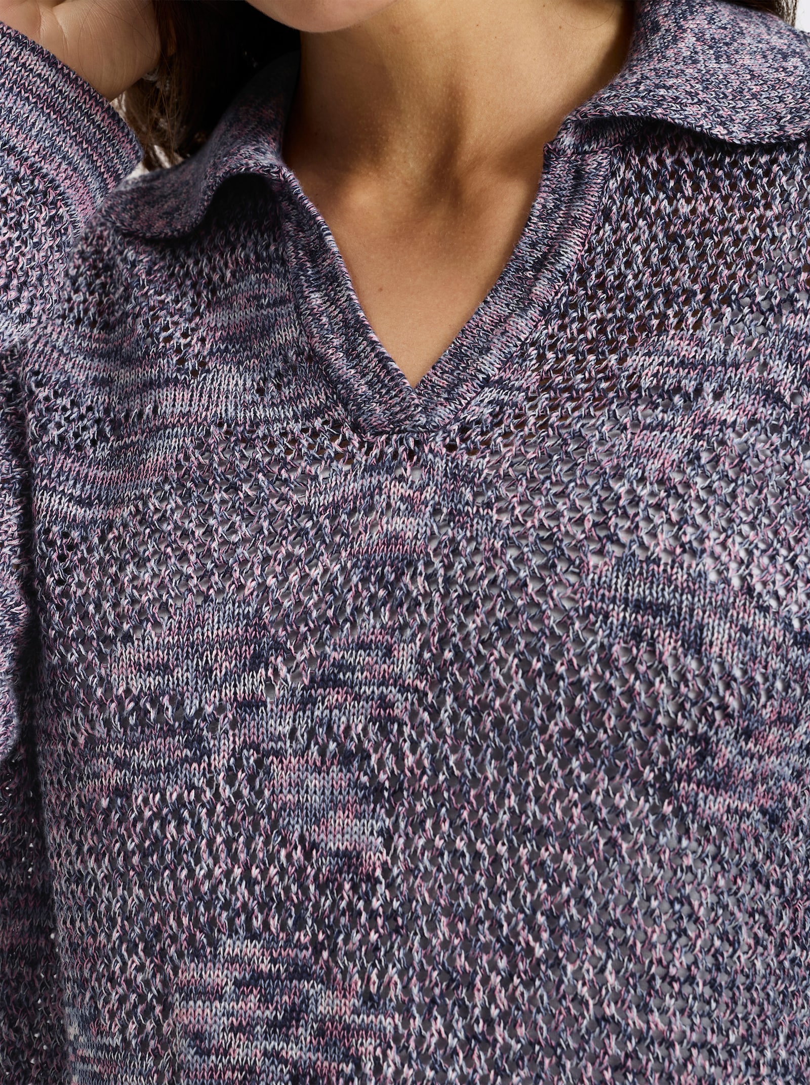 Jacquardpullover mit Polokragen - ecru-marine-gemustert