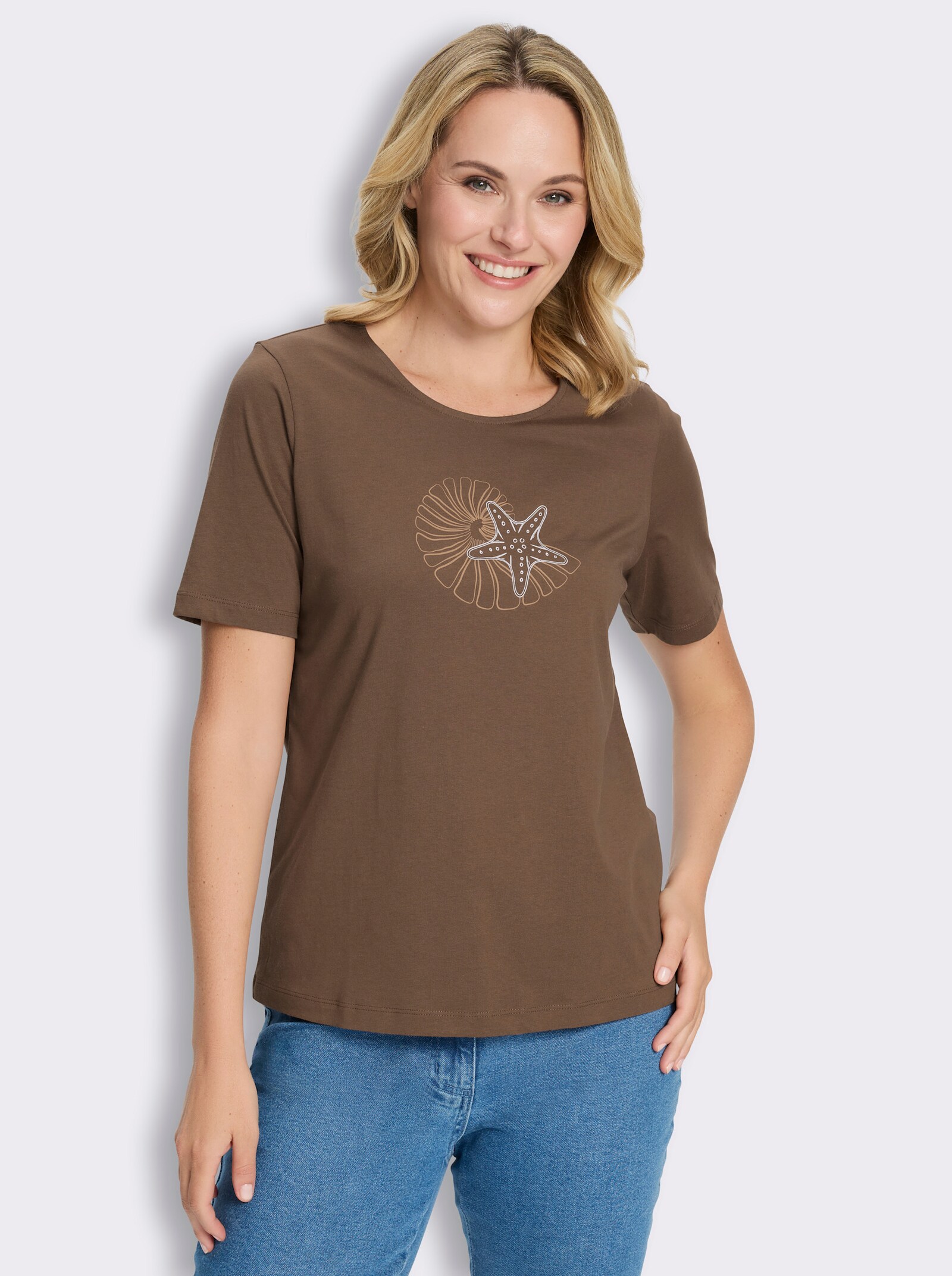 Kurzarmshirt im Muschel-Dessin - braun-camel