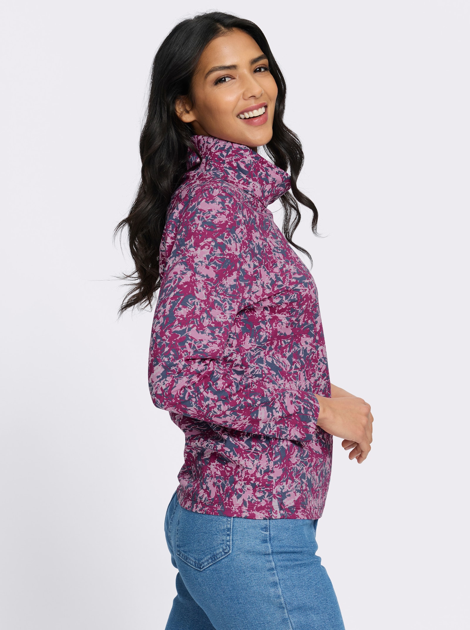 Rollkragenshirt im floralen Dessin - rauchblau-erika-bedruckt