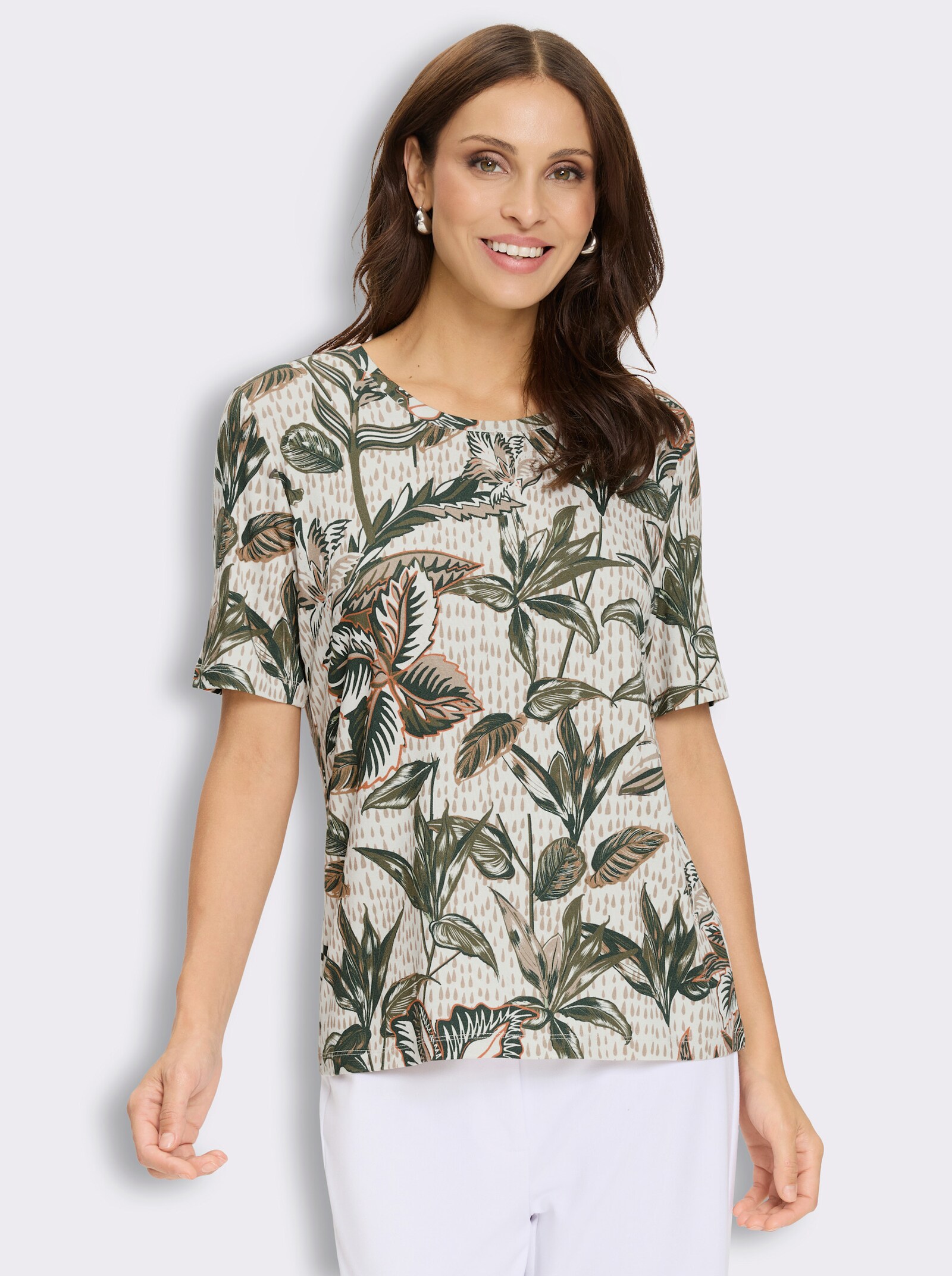 Print-Shirt aus Viskose-Stretch - ecru-oliv-bedruckt