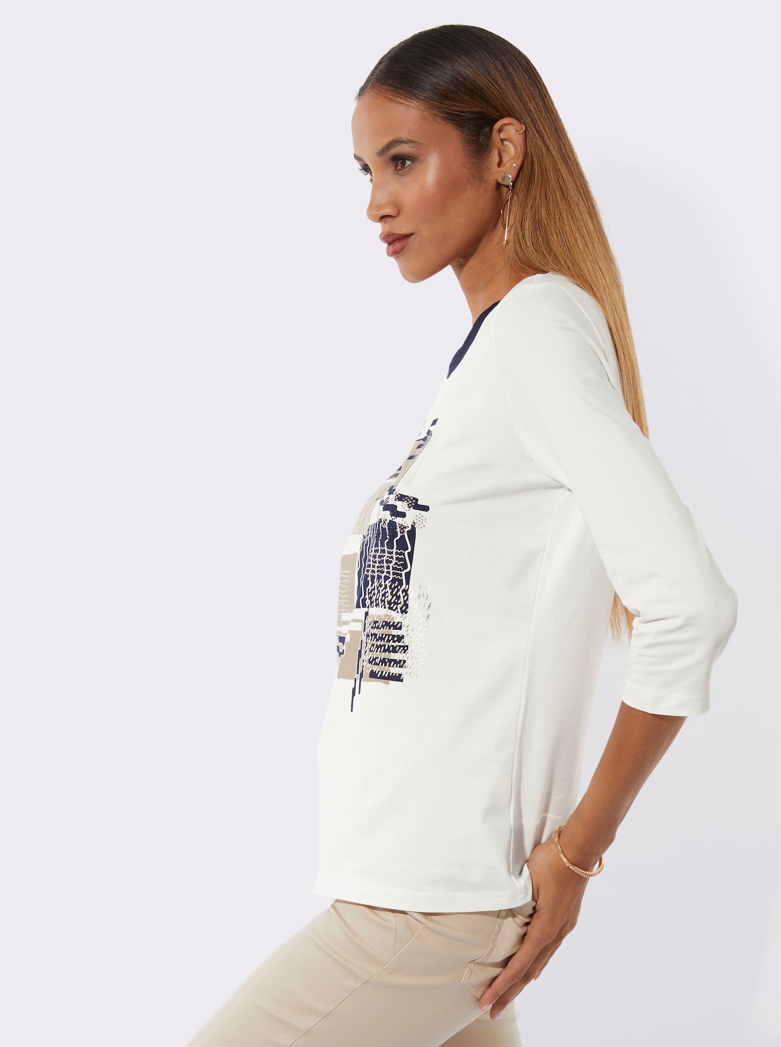 Rundhalsshirt mit platziertem Druck - ecru-marine-bedruckt