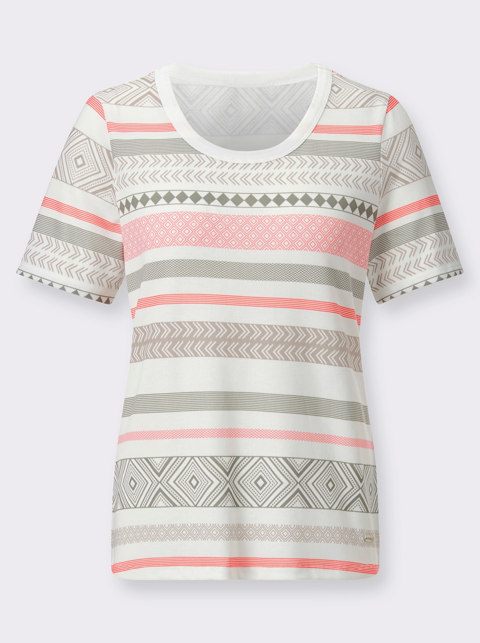 Kurzarmshirt mit Rundhals-Ausschnitt - ecru-khaki-gemustert