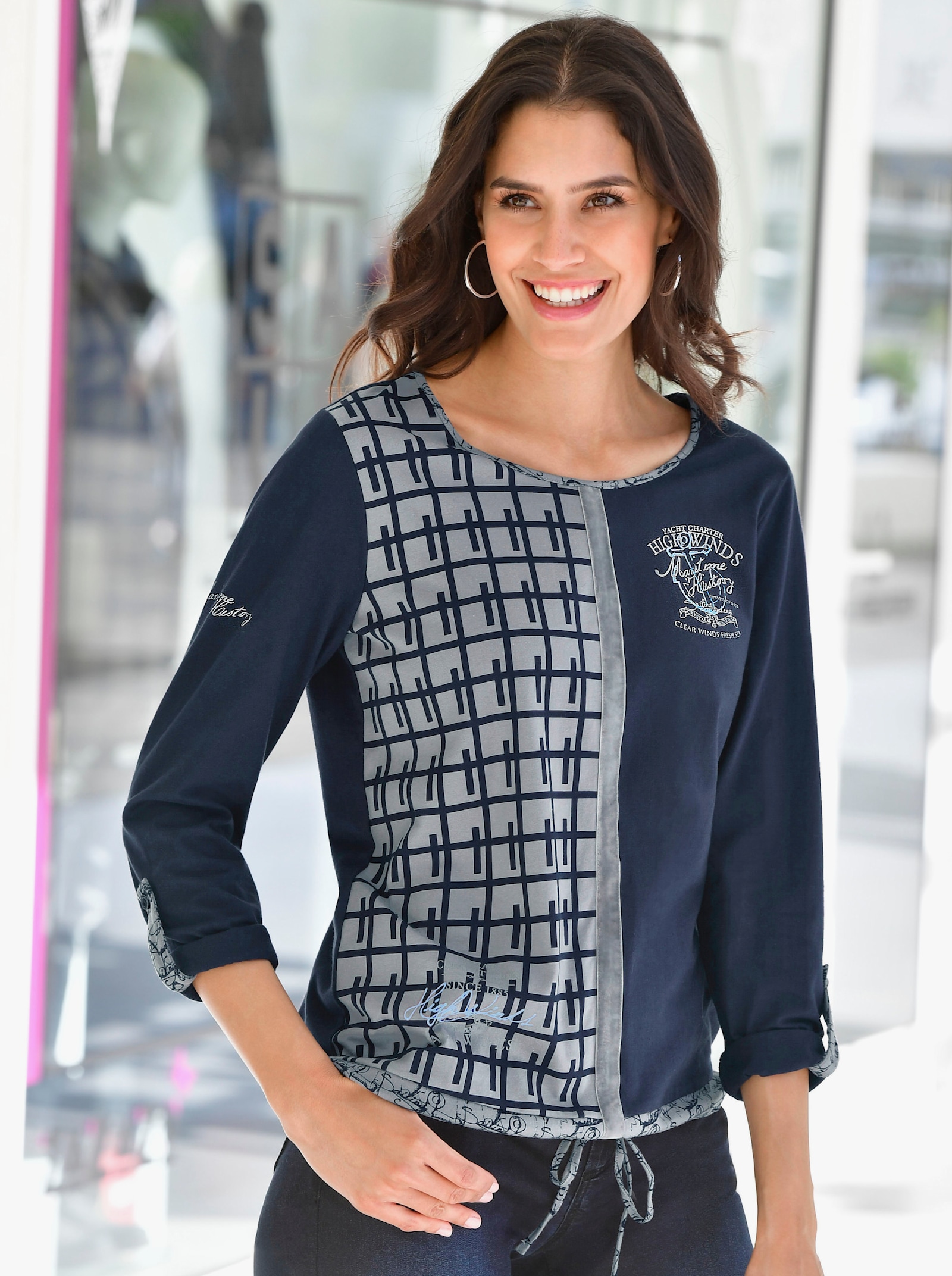 Langarmshirt mit krempelbaren Ärmeln - marine-grau