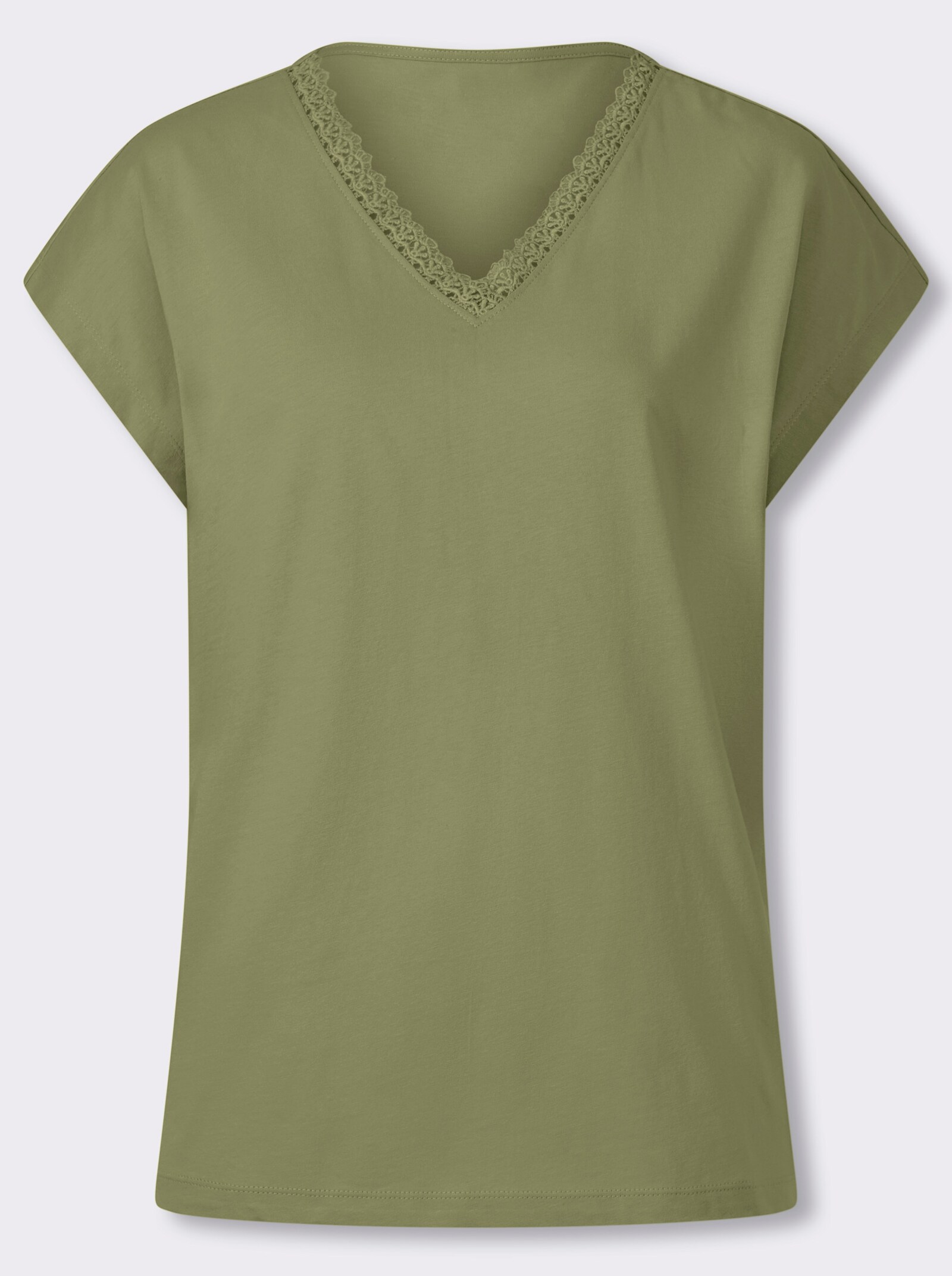 Kurzarmshirt mit Spitze am V-Ausschnitt - schilf