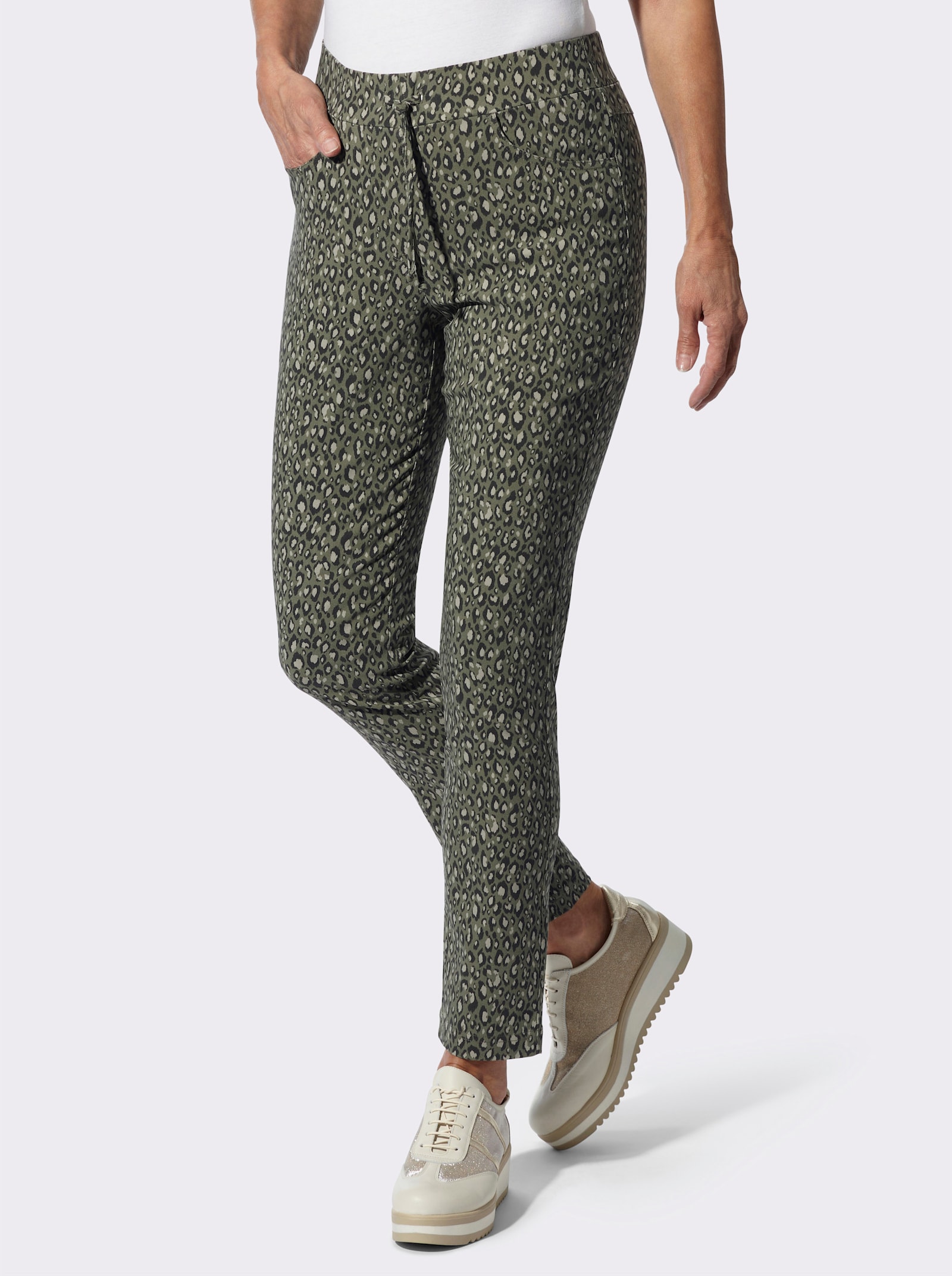 Bengalinhose mit Leo-Muster allover - khaki-graphit-bedruckt