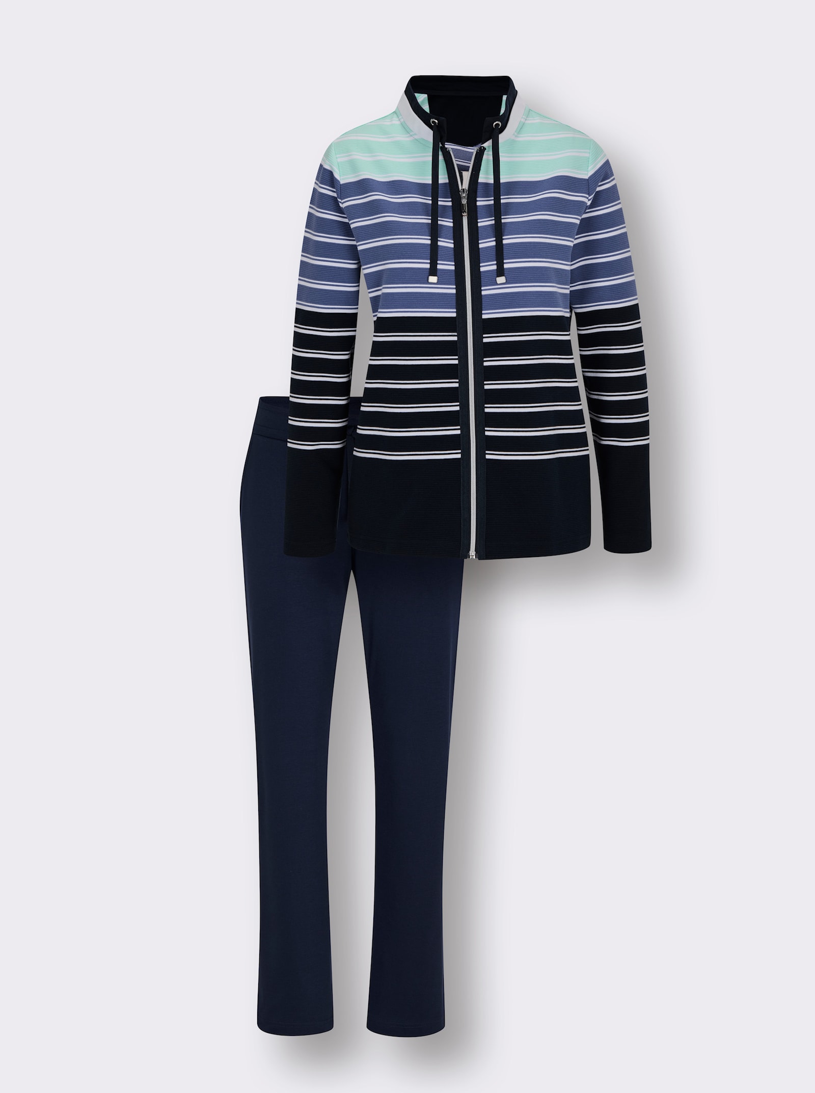 Hajo Hausanzug in atmungsaktiver Qualität - marine-jeansblau-geringelt