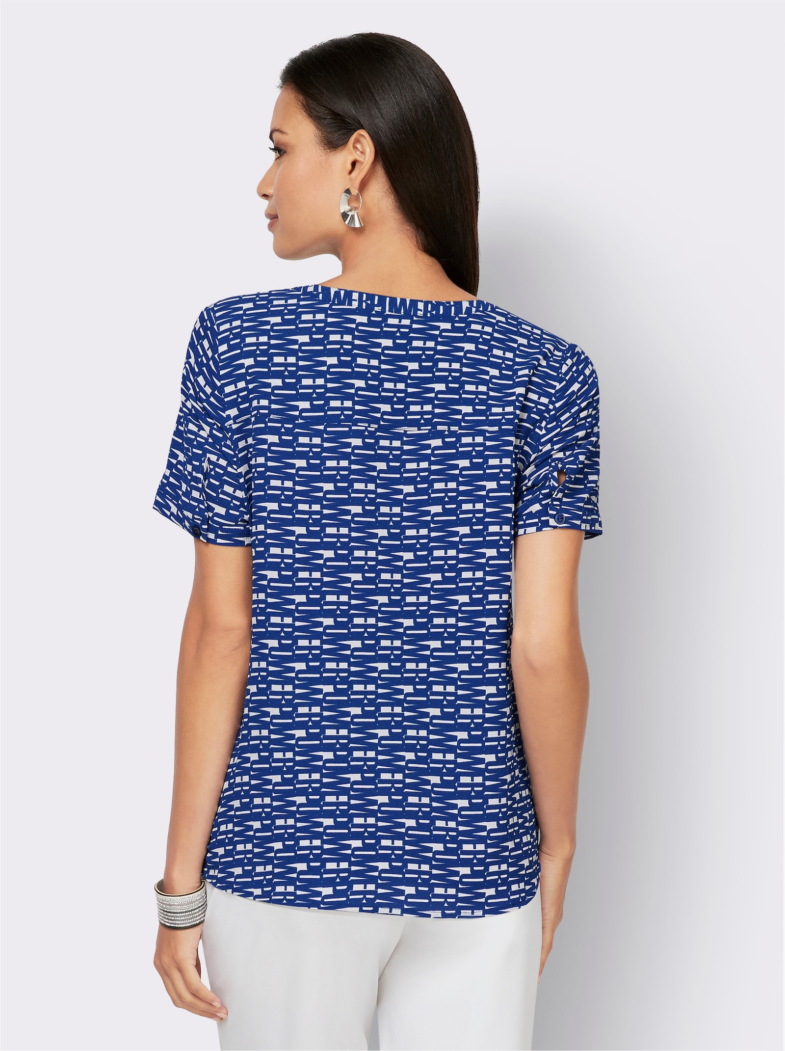 Kurzarmbluse mit Lettering-Print - royalblau-weiß-bedruckt