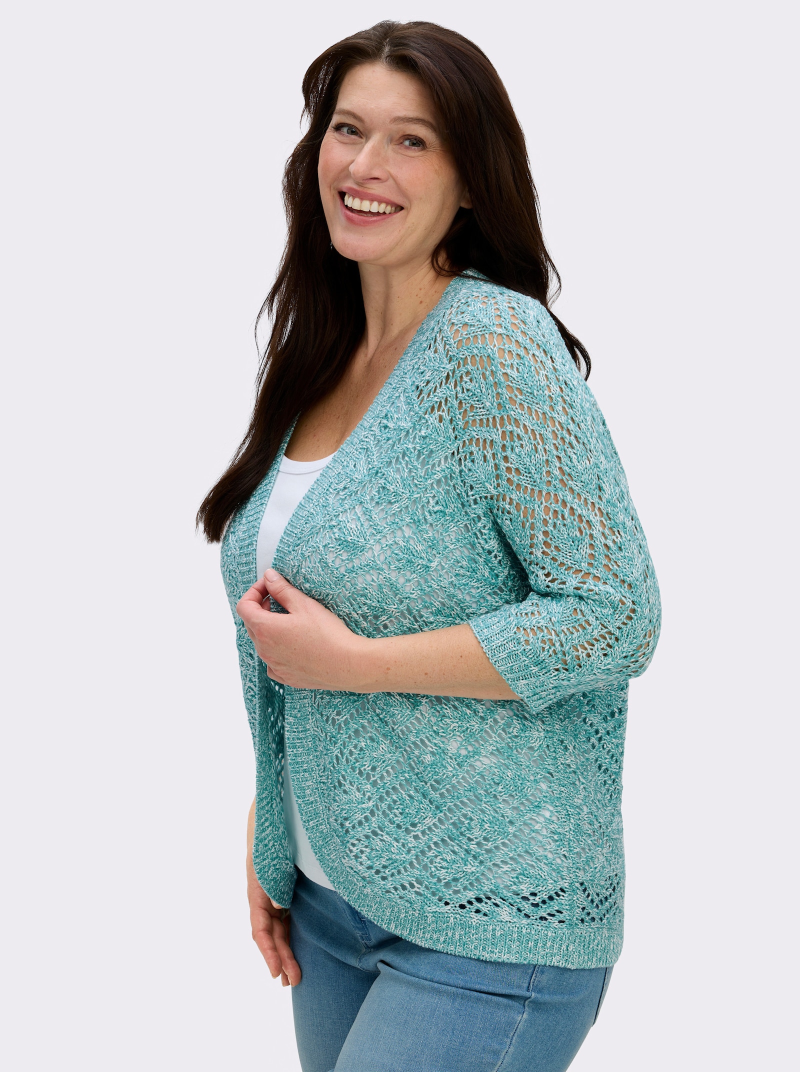 Ajourstrickjacke mit Fledermaus-Ärmeln - ozean-ecru-meliert