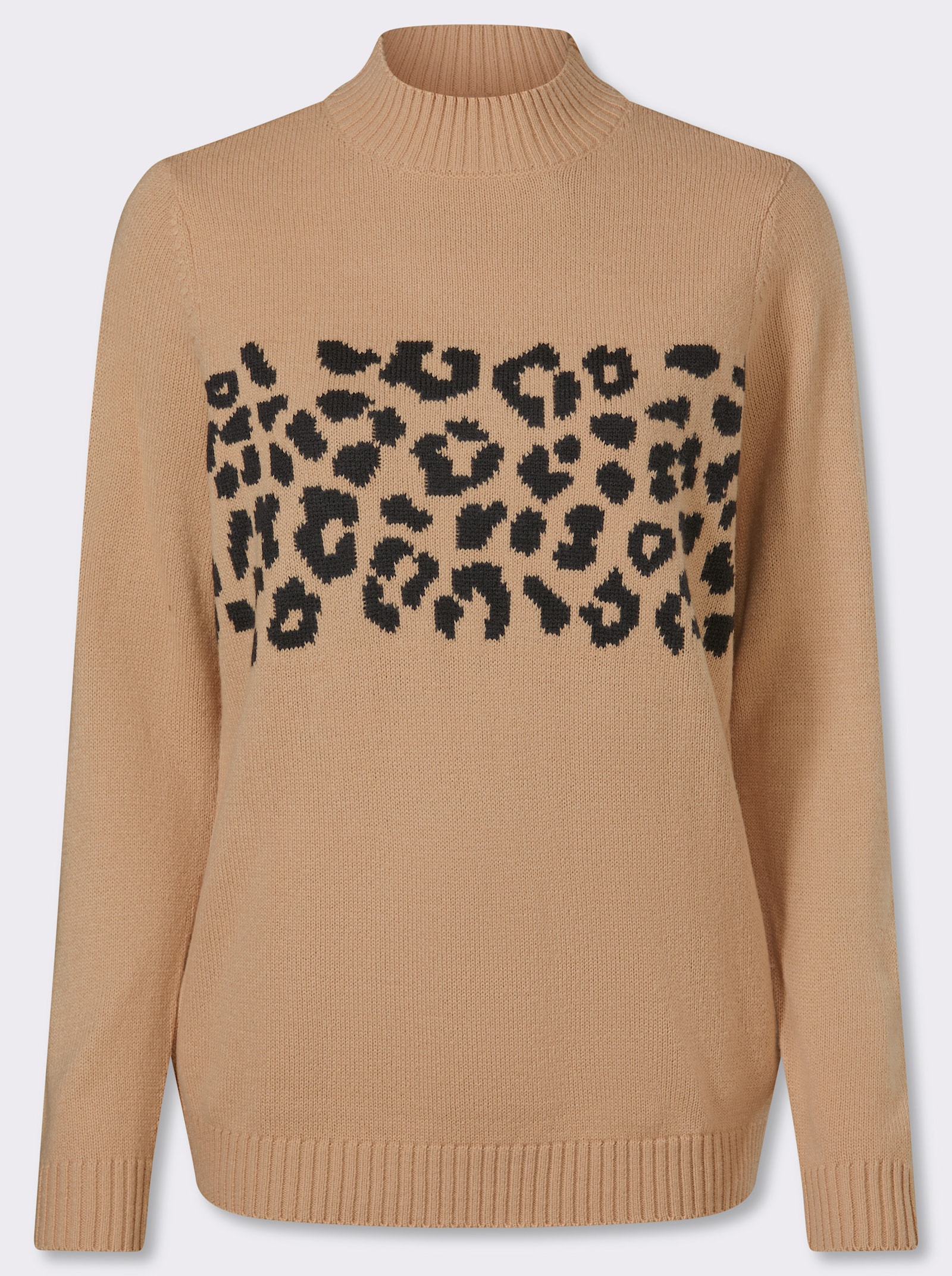 Stehkragenpullover im Animal-Dessin - camel-schwarz