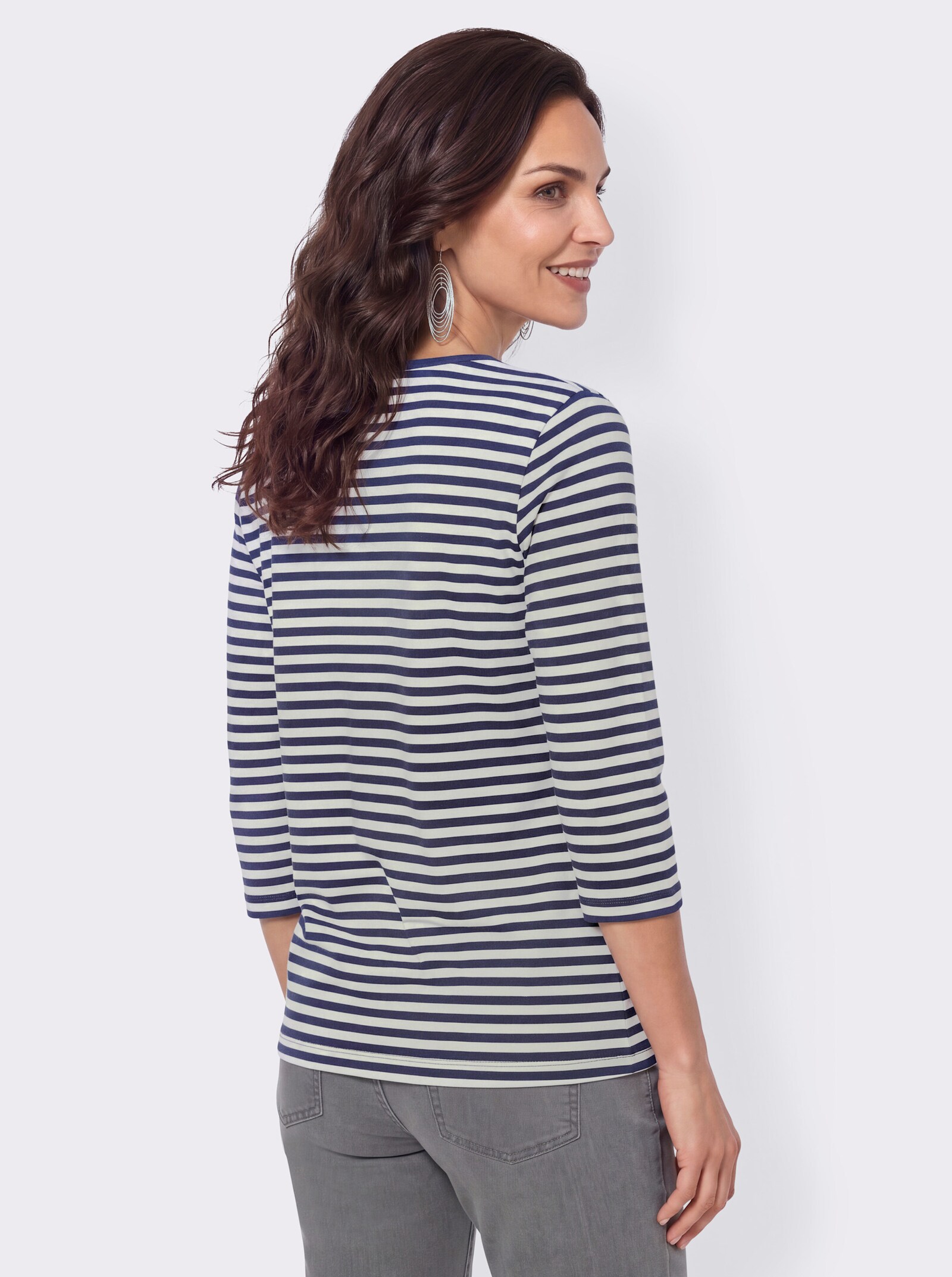 Rundhalsshirt mit Ringeln und Stickerei - marine-ecru-geringelt