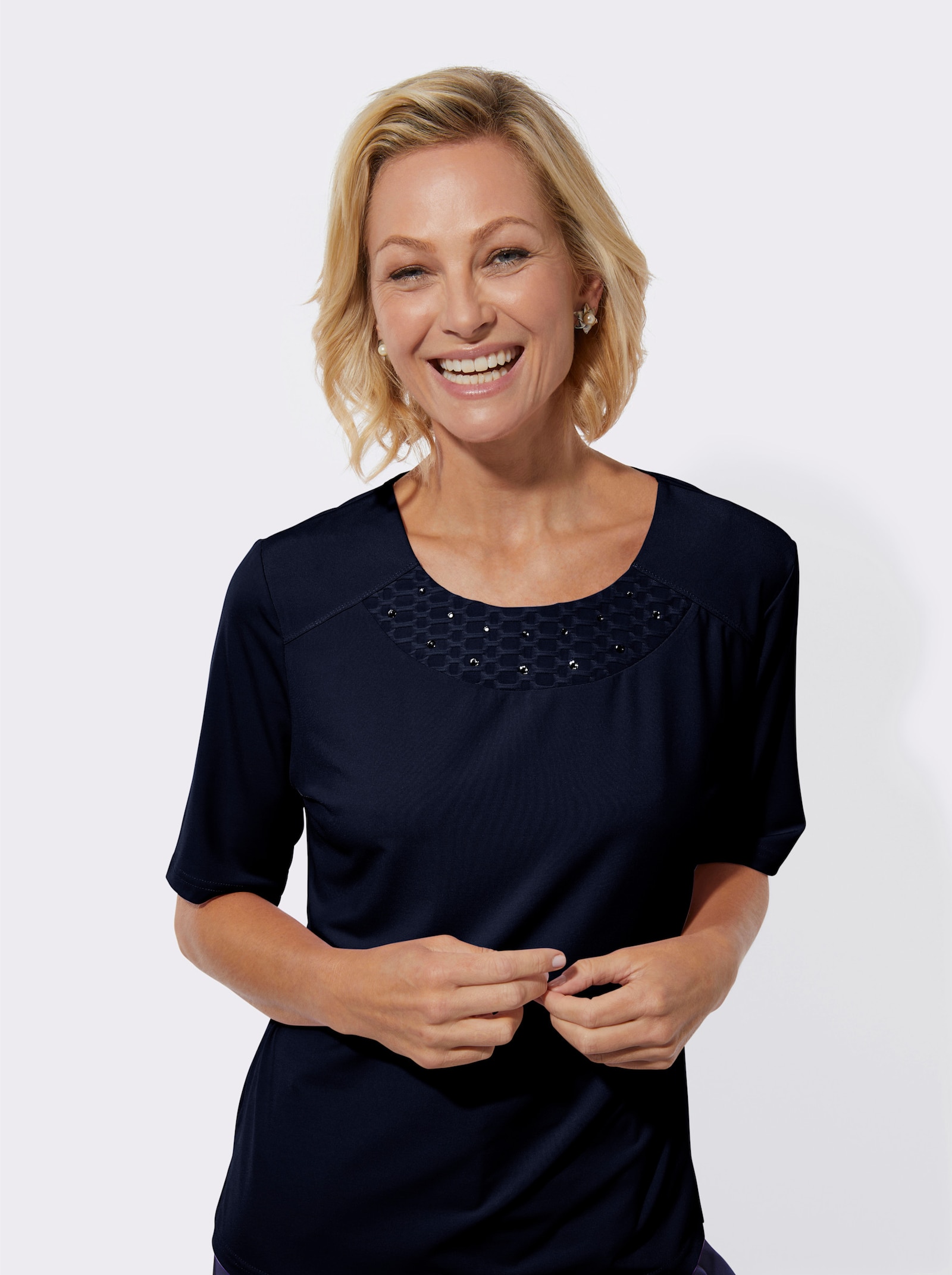 Rundhalsshirt mit Schulterpasse vorne - marine