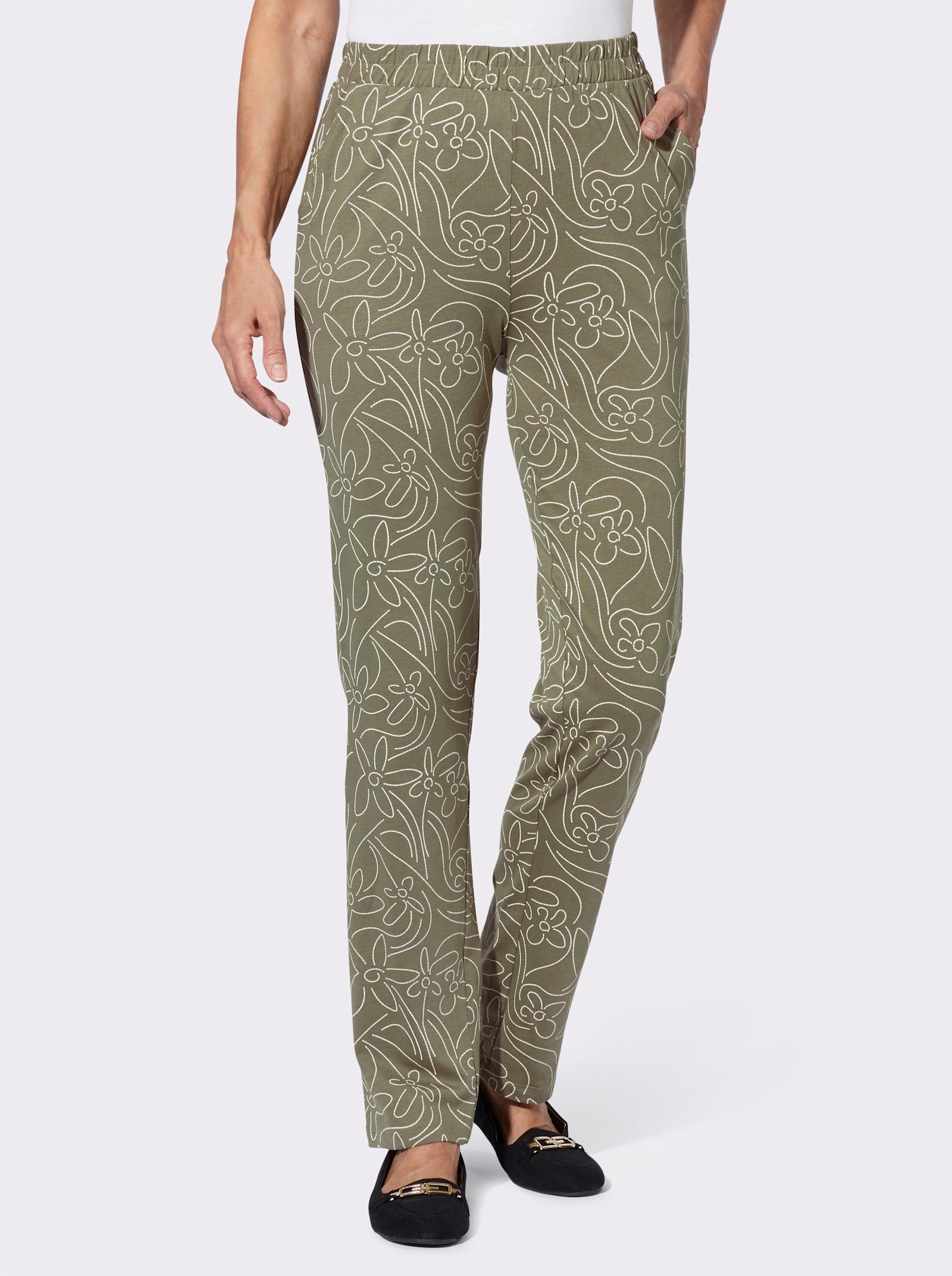 Freizeithose mit Blumen-Druck - khaki-sand-bedruckt