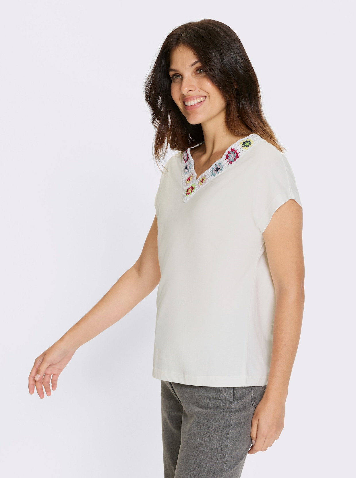 Kurzarmshirt - ecru-fuchsia