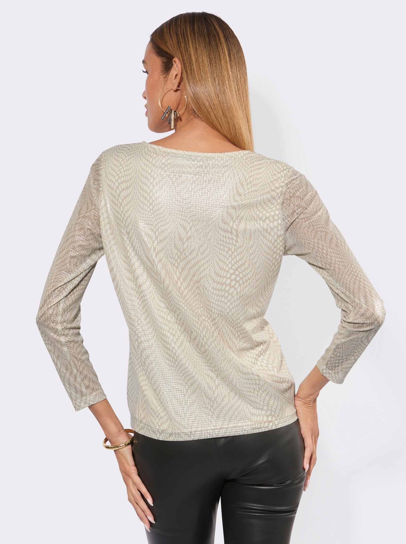 V-Shirt aus Mesh-Qualität - beige-champagner-bedruckt