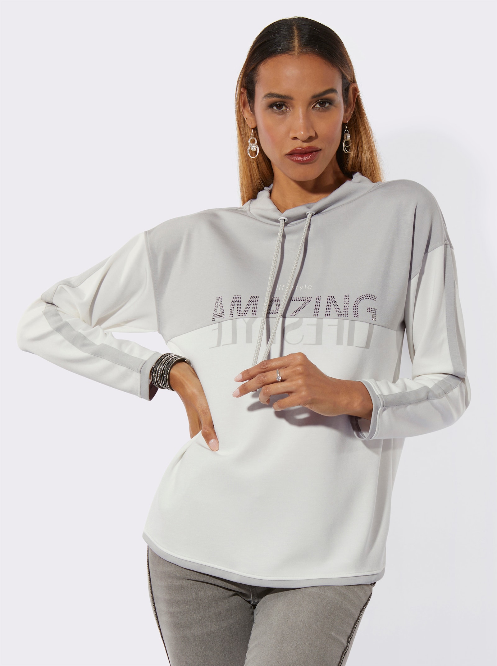 Sweatshirt mit Ziersteinchen - ecru-hellgrau