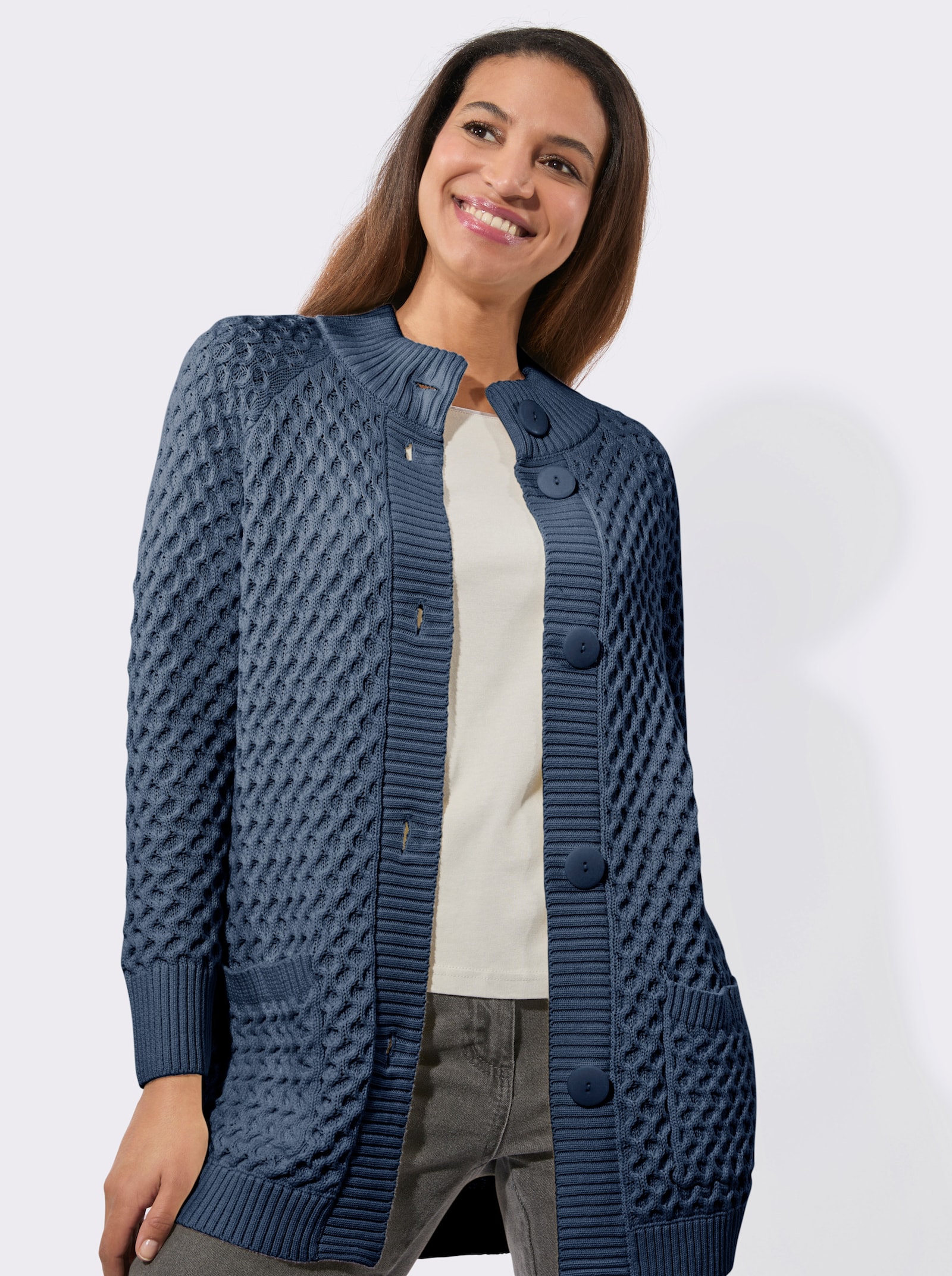 Veste longue en tricot avec poches - bleu fumée