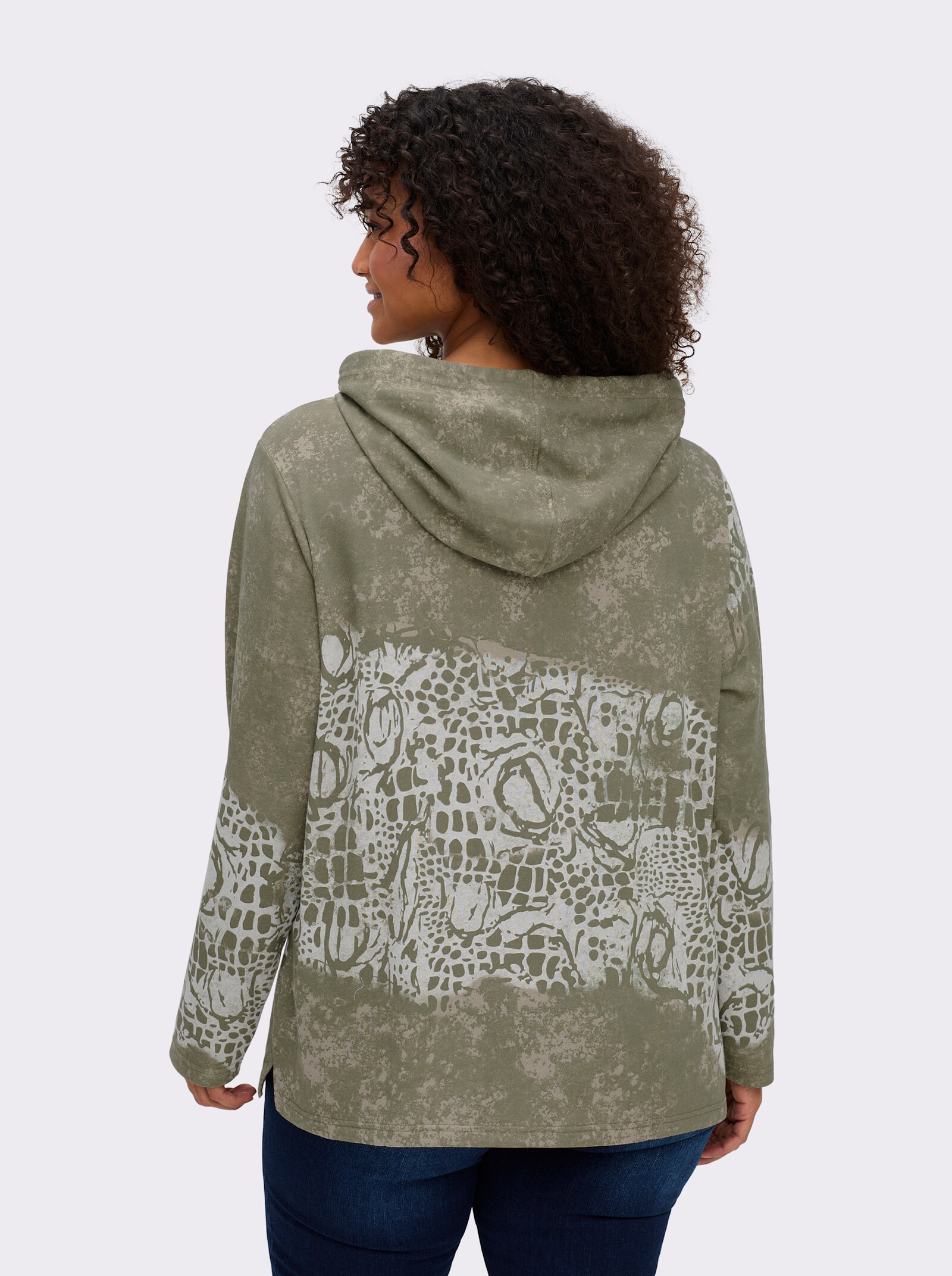 Sweatshirt mit Print und Glitzersteinchen - khaki-ecru-bedruckt
