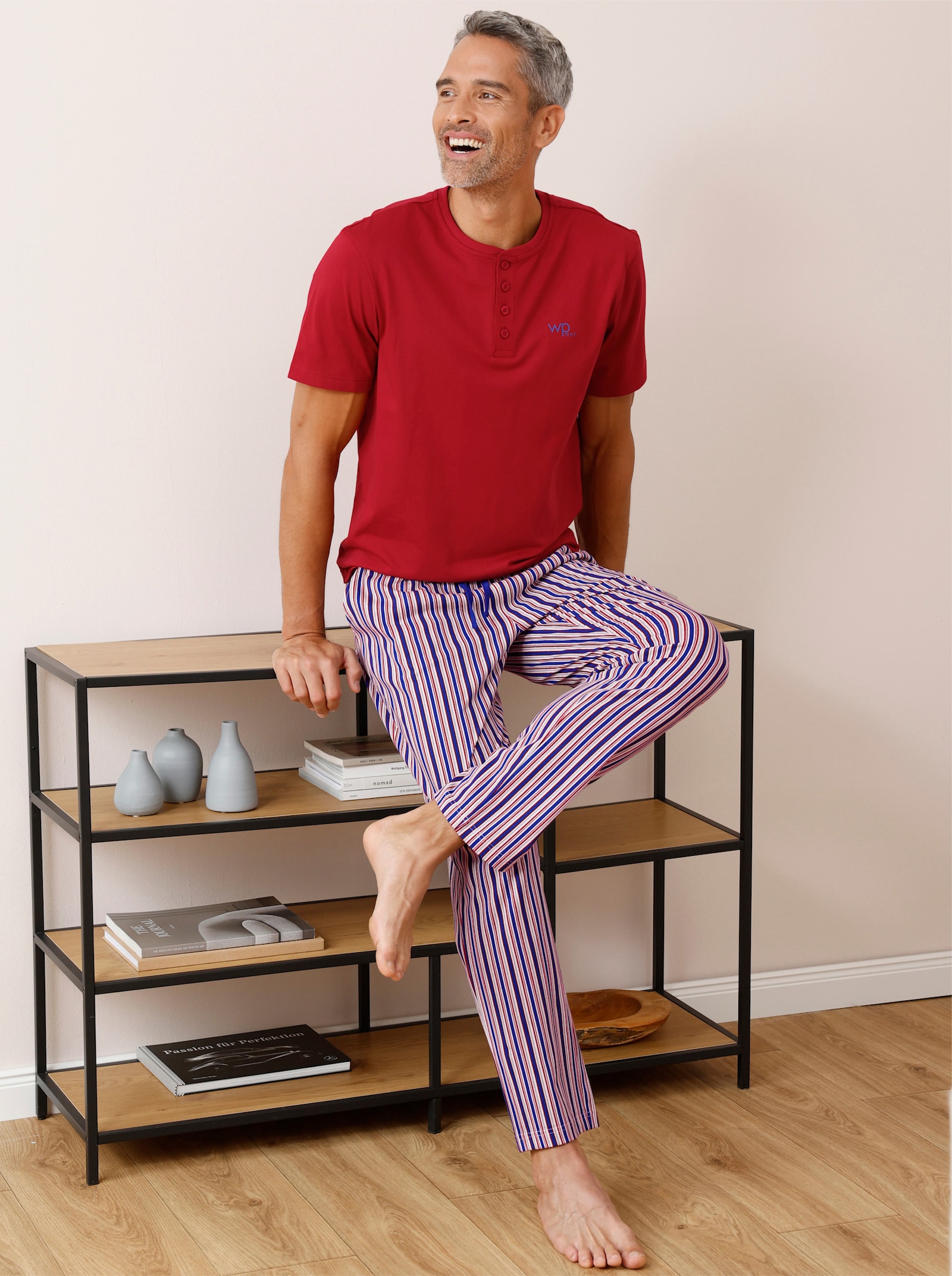 Hose lang - royalblau-kirsche-gestreift