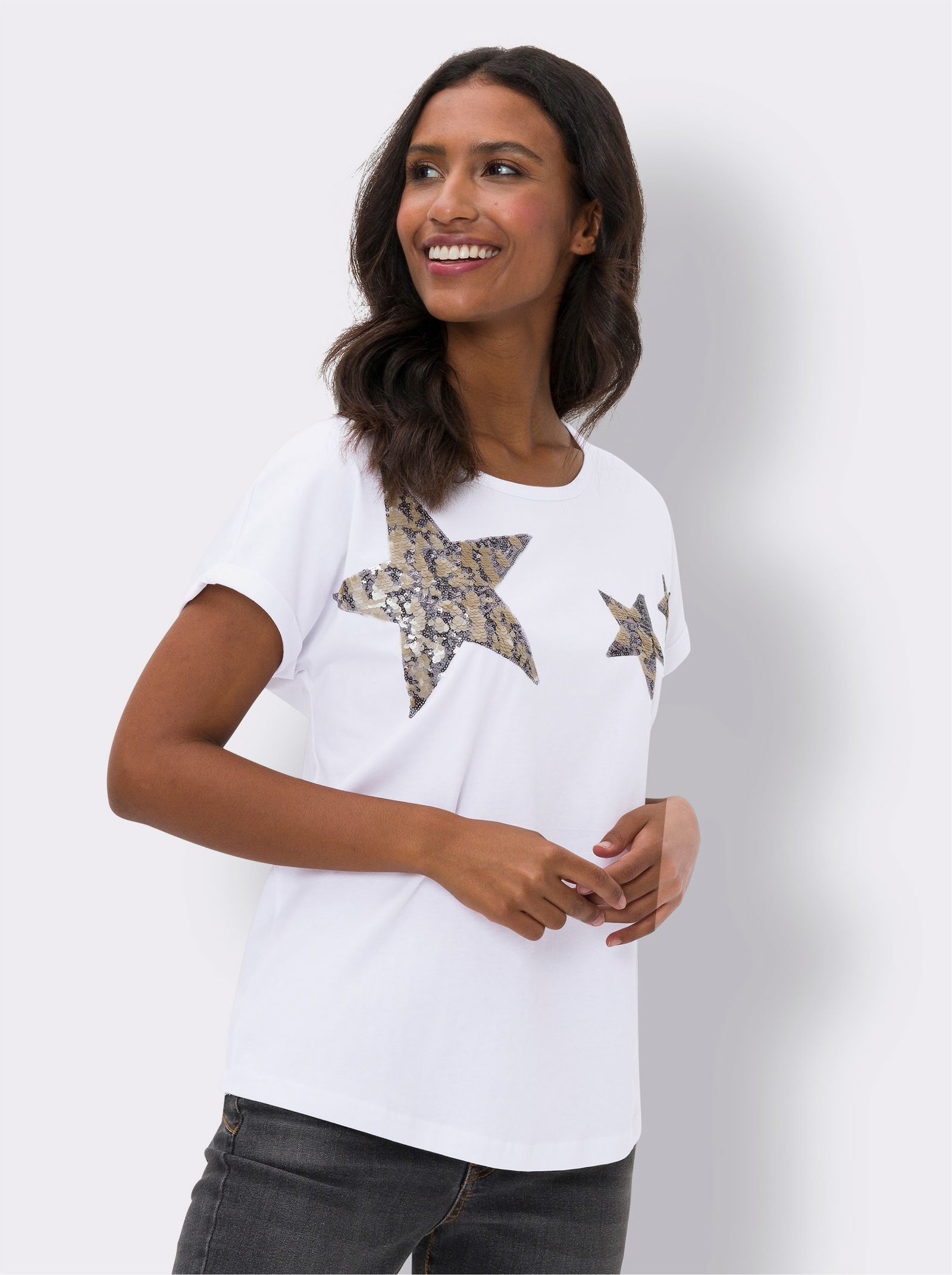 heine Rundhalsshirt mit Pailletten - weiss