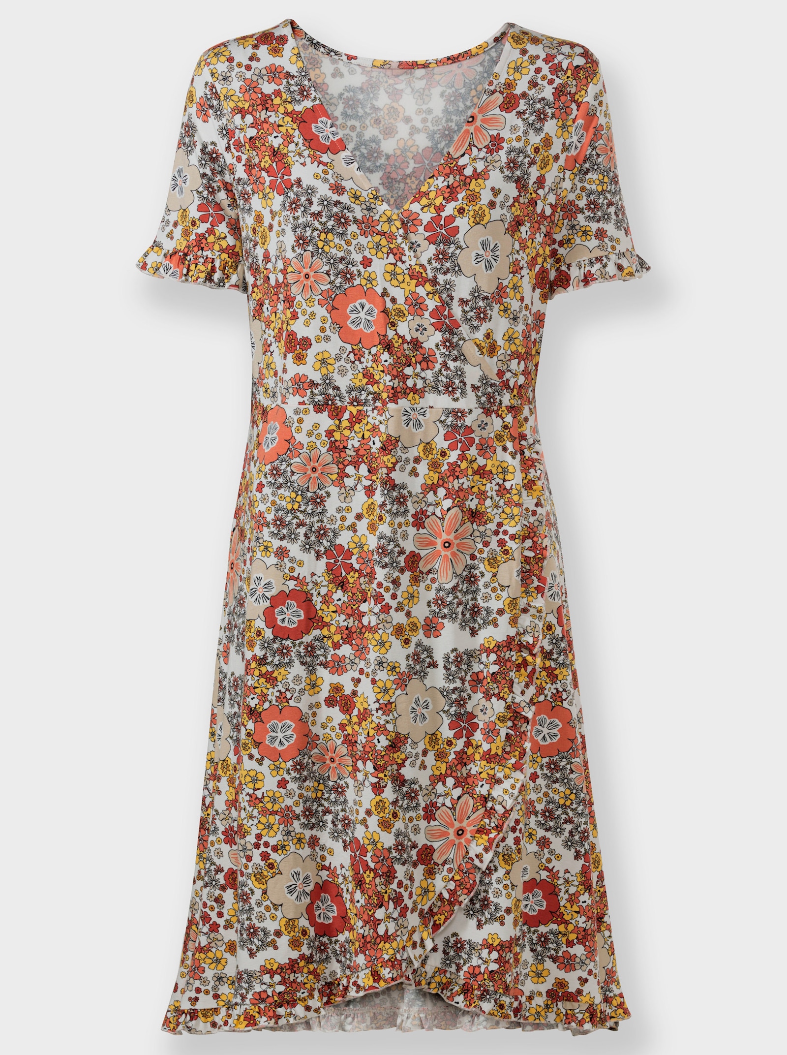 Jerseykleid in Wickel-Optik - ecru-papaya-bedruckt