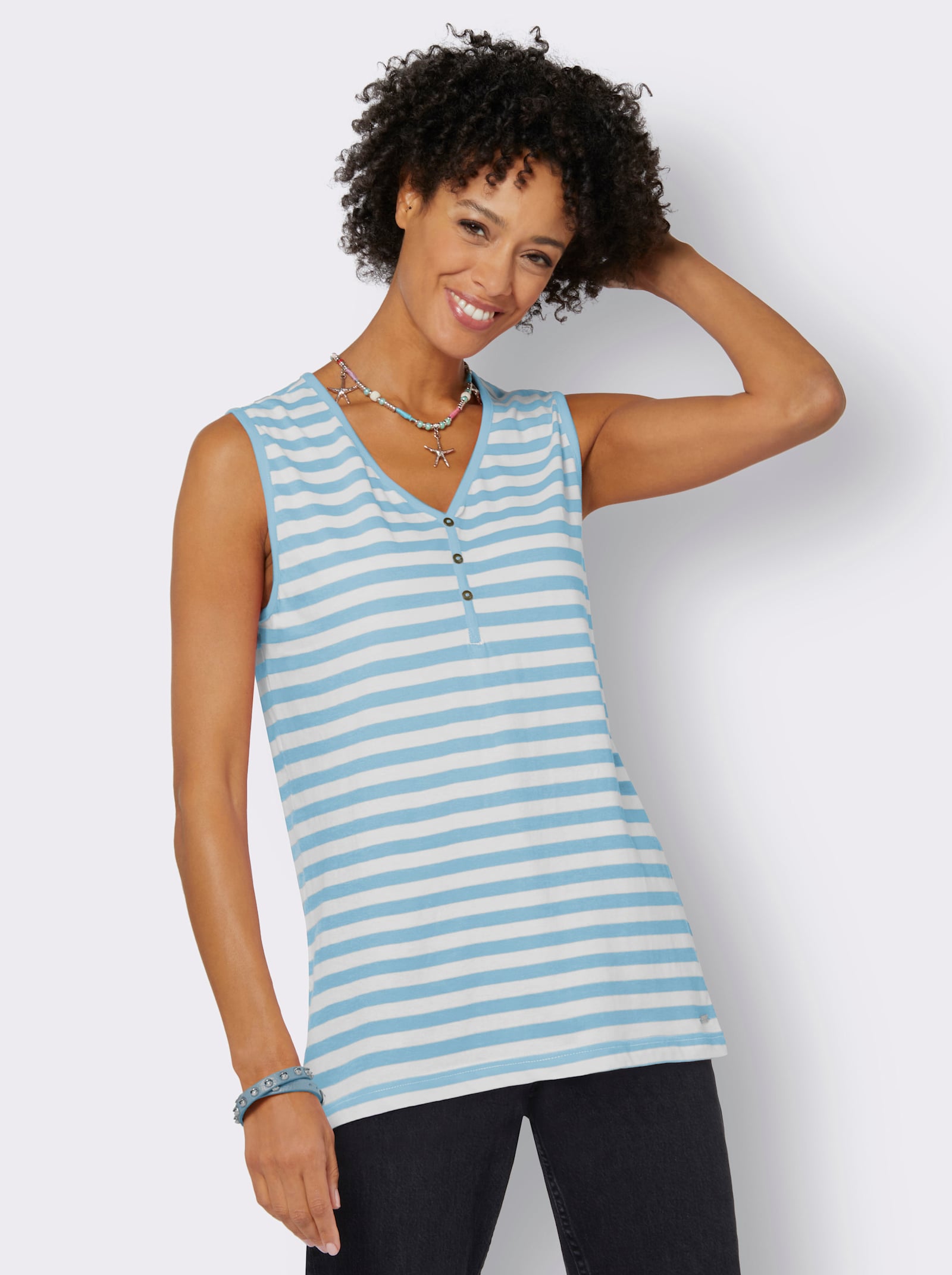 T-shirt rayé avec patte de boutonnage décorative - vert d'eau-blanc à rayures fines