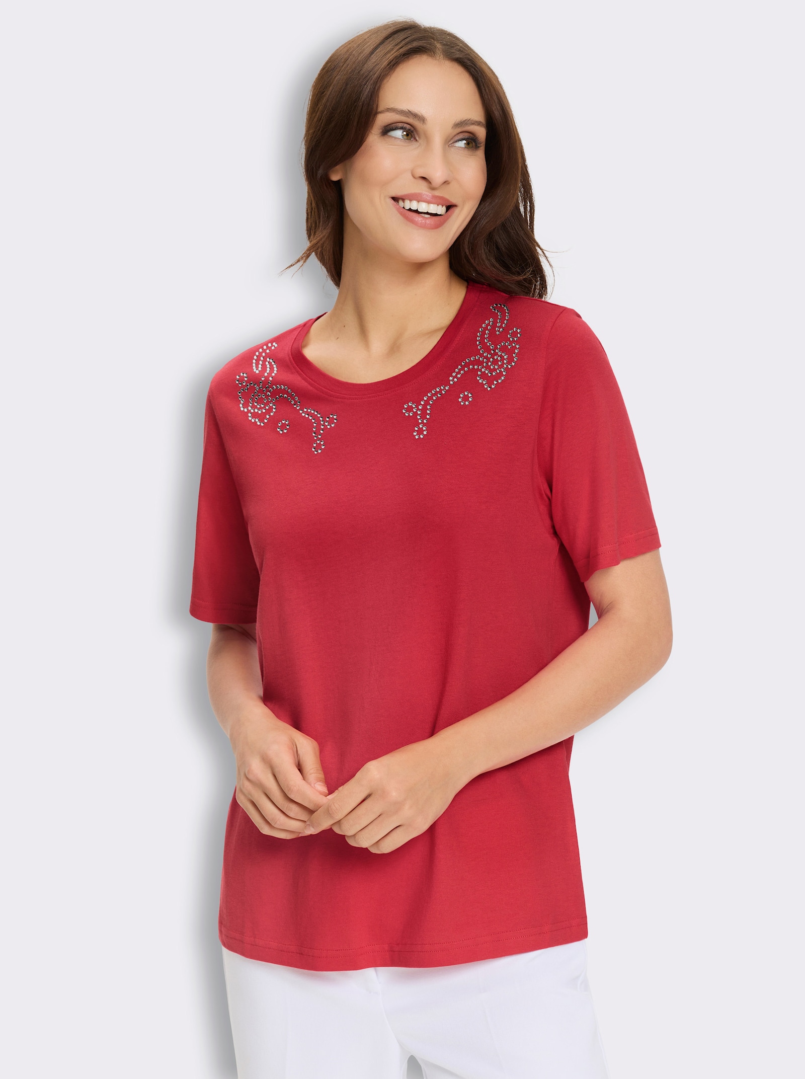 Kurzarmshirt mit Glitzersteinchen - erdbeere