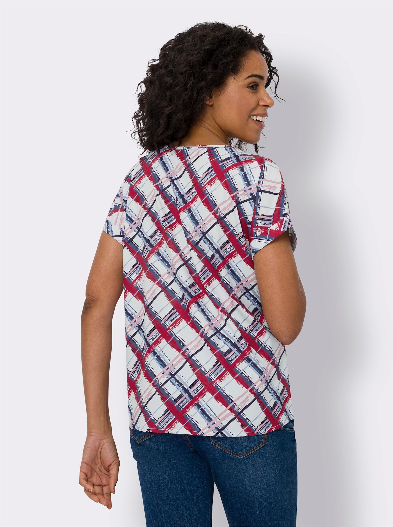 Schlupfbluse mit Karo-Muster - ecru-rot-bedruckt