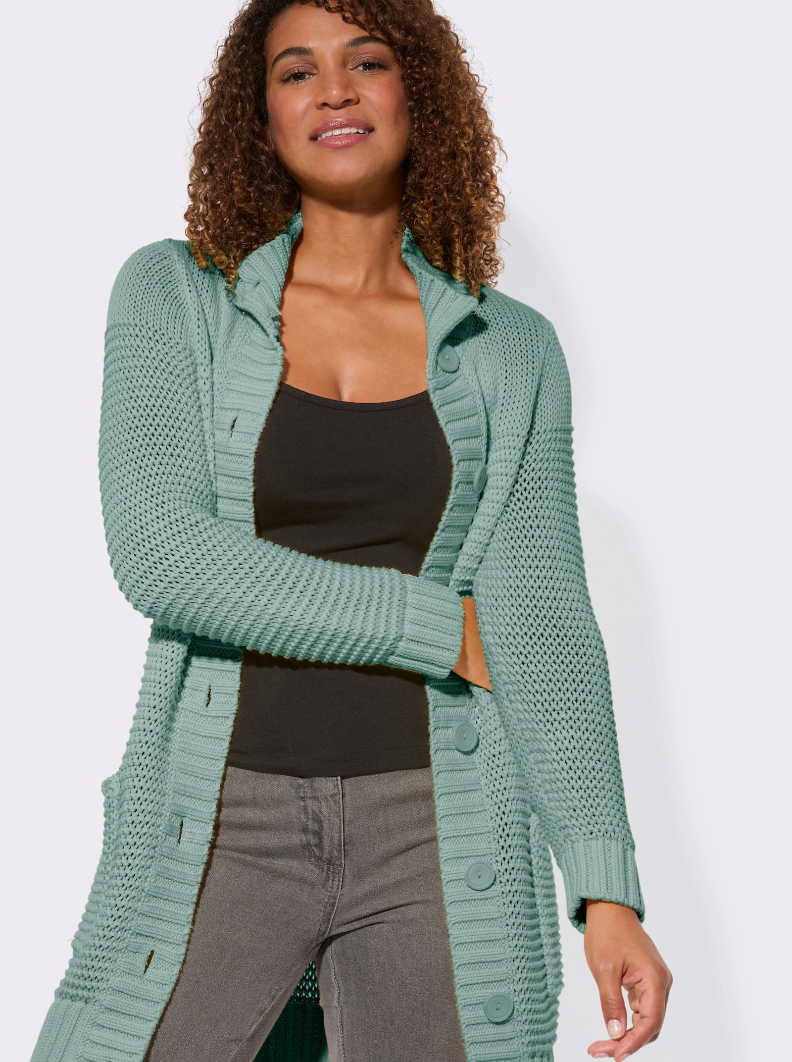 Longstrickjacke mit partiellen Fantasiemuster - kalkmint