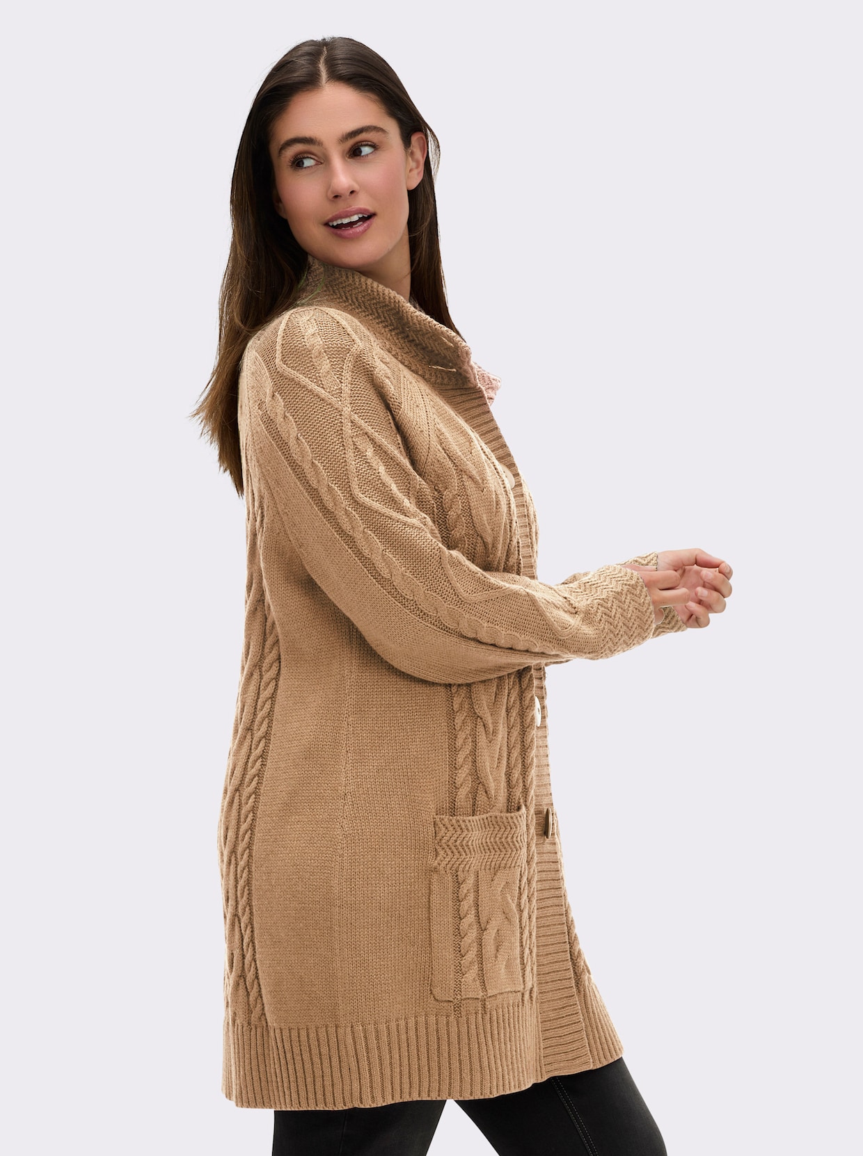 Longstrickjacke mit Einstrickmuster - camel