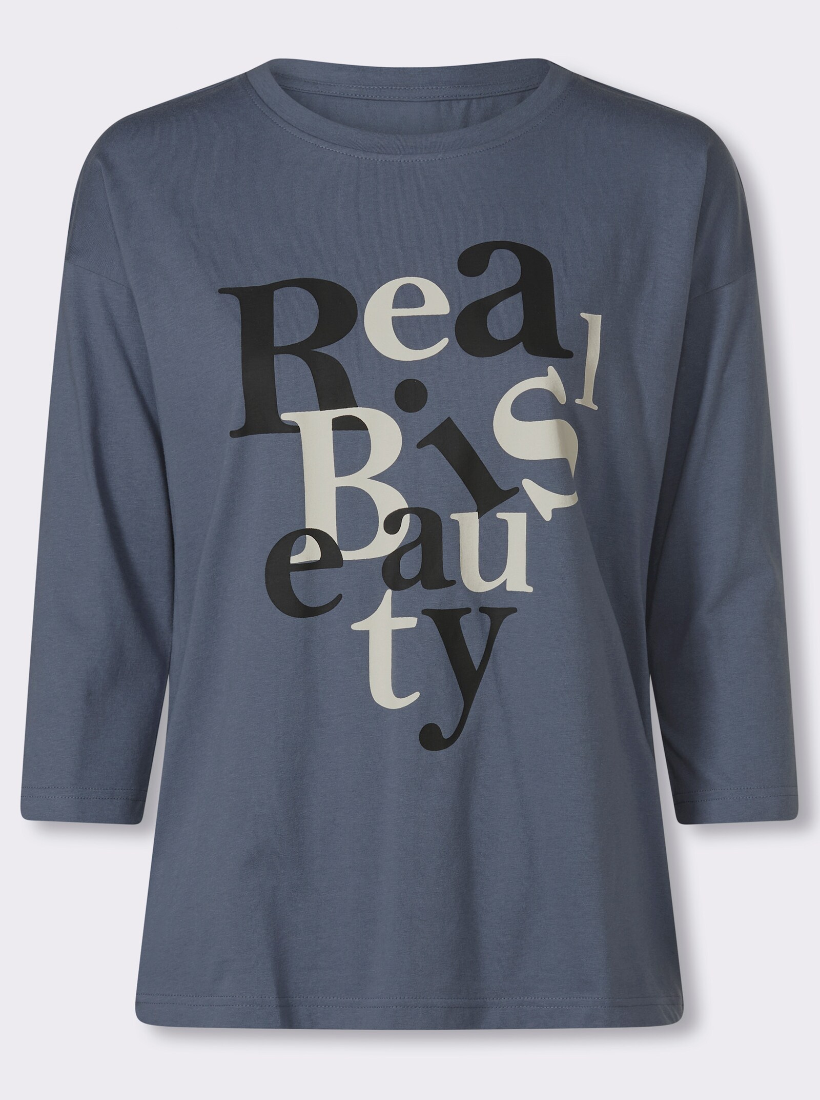 3/4-Arm-Shirt mit Schriftzug im Vorderteil - rauchblau-schwarz